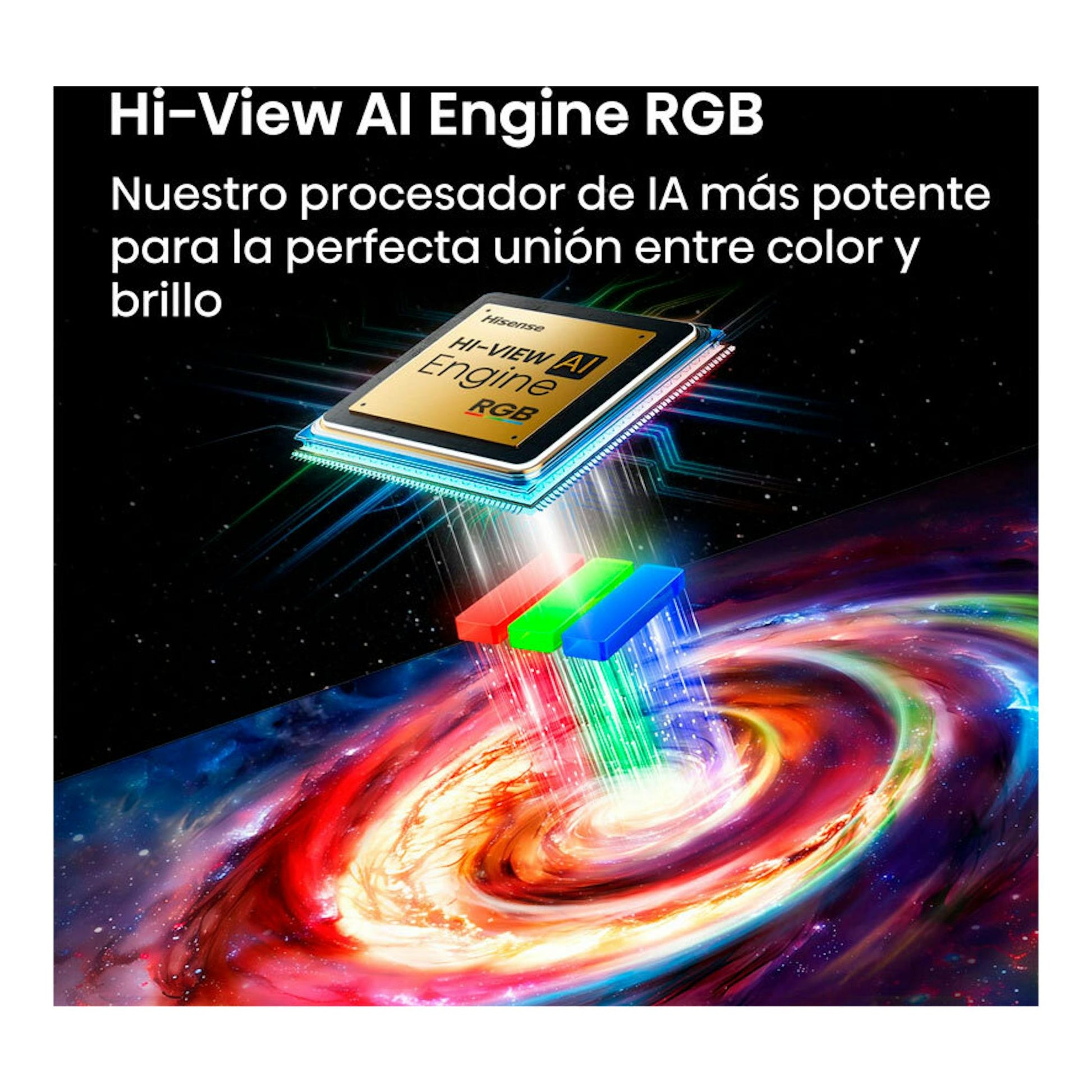 Ilustración de Hisense Hi-View AI Engine RGB: chip con haces RGB sobre fondo negro y remolino multicolor.