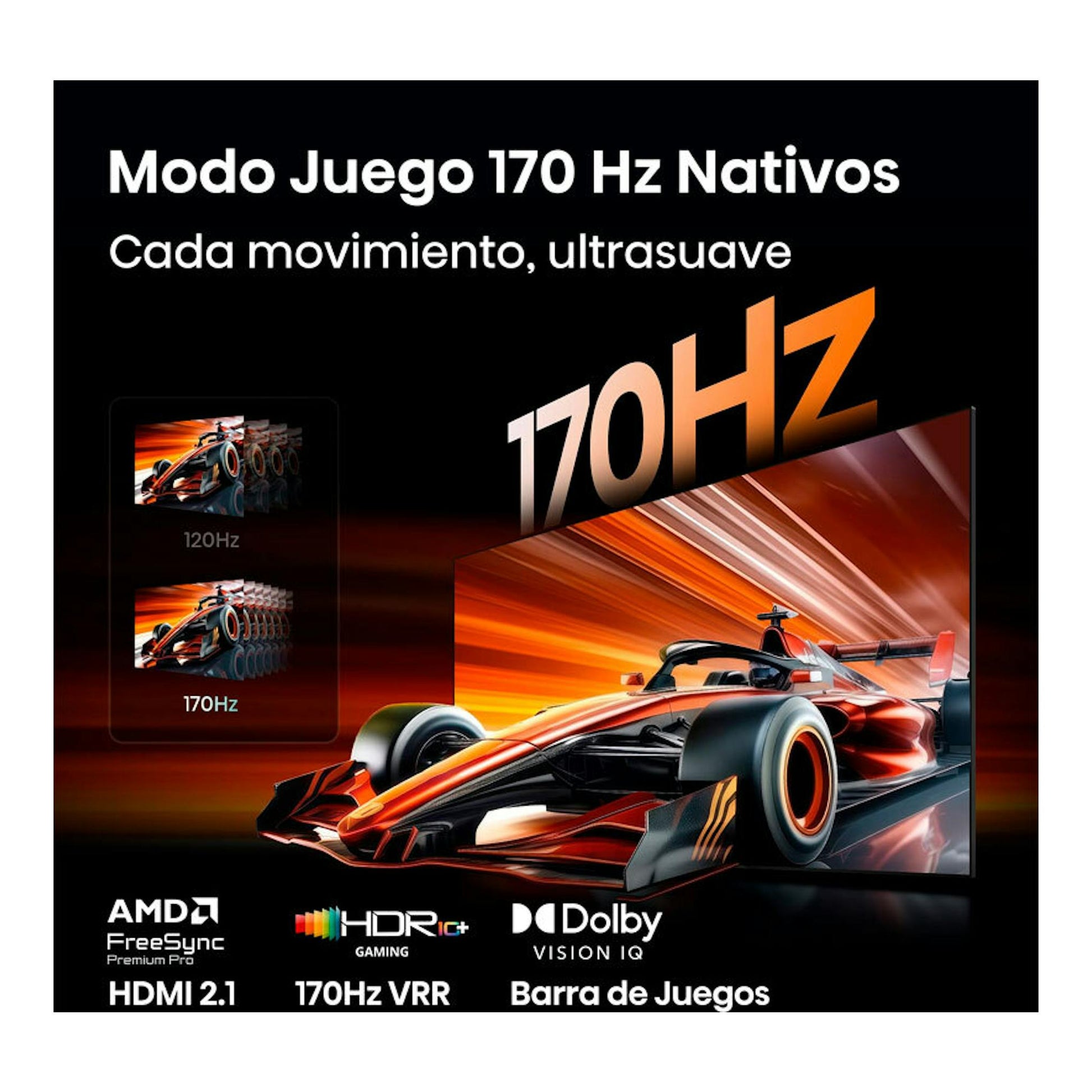 Hisense 65UR9S, TV en vista frontal inclinada con coche de carreras y texto “Modo Juego 170 Hz Nativos”.