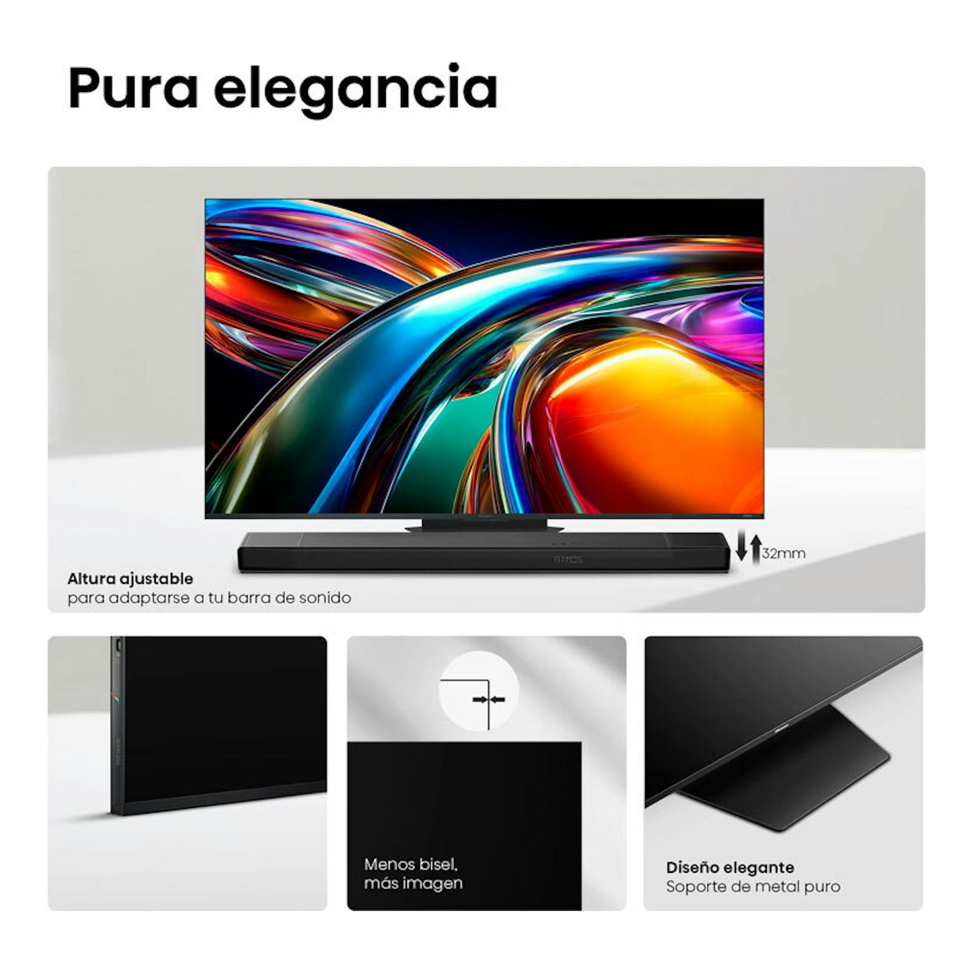 Hisense 65UR9S en collage promocional: televisor negro frontal, barra de sonido y soporte metálico.
