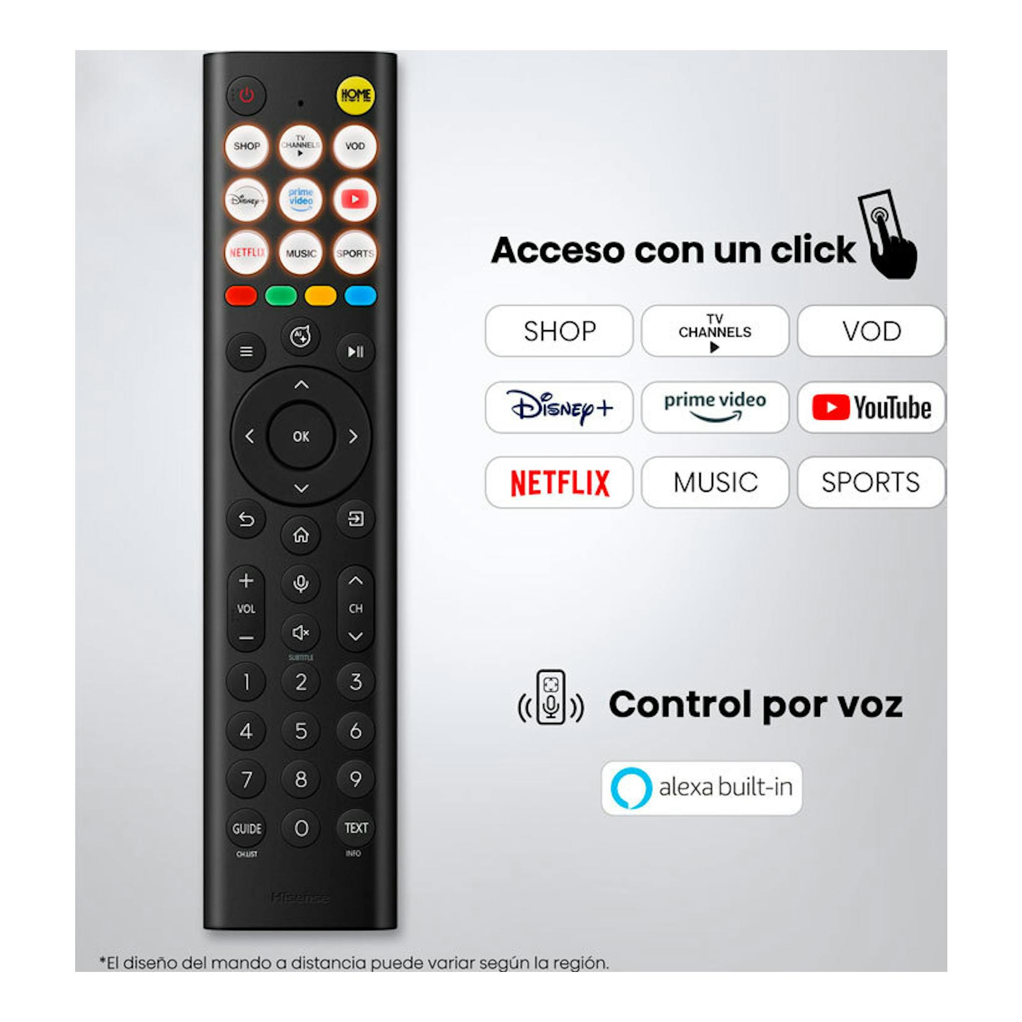 Mando a distancia Hisense negro, vista frontal, con botones de apps, teclado numérico y control por voz.