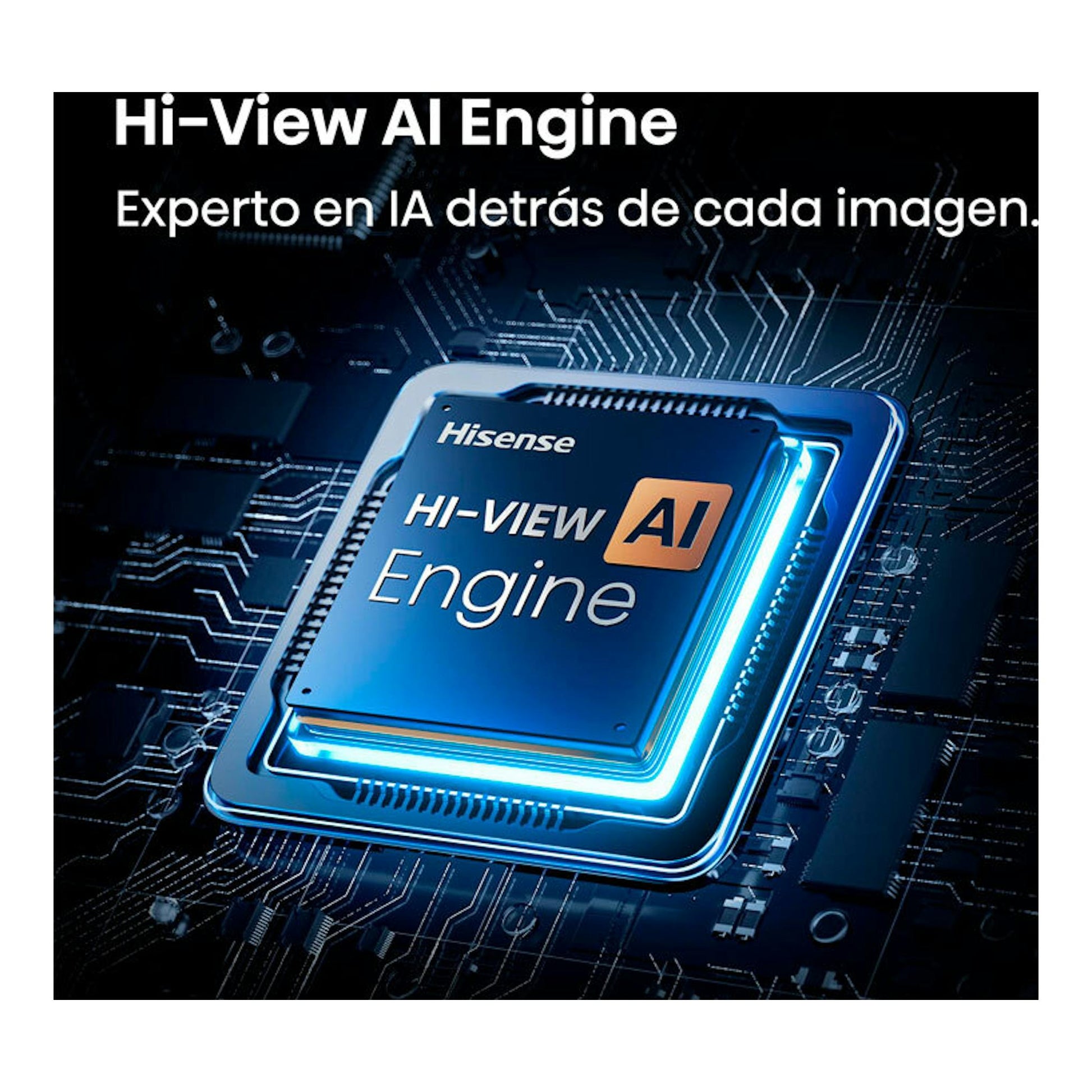 Gráfico promocional de Hisense Hi-View AI Engine, con chip azul sobre fondo de circuitos.