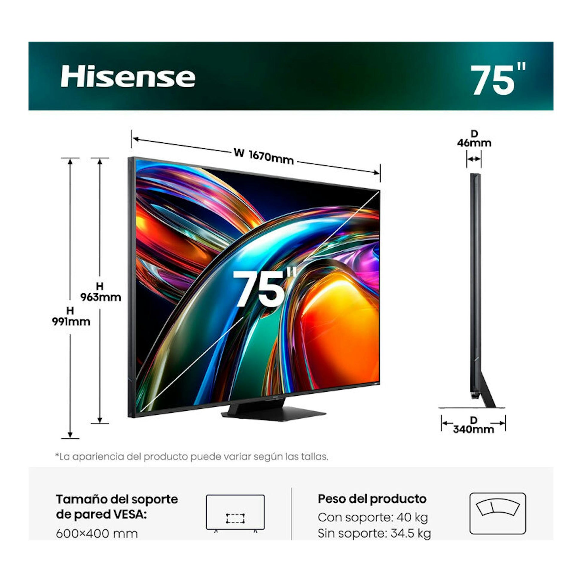 Hisense 75UR9S TV de 75", vista frontal y lateral, con medidas y soporte negro.