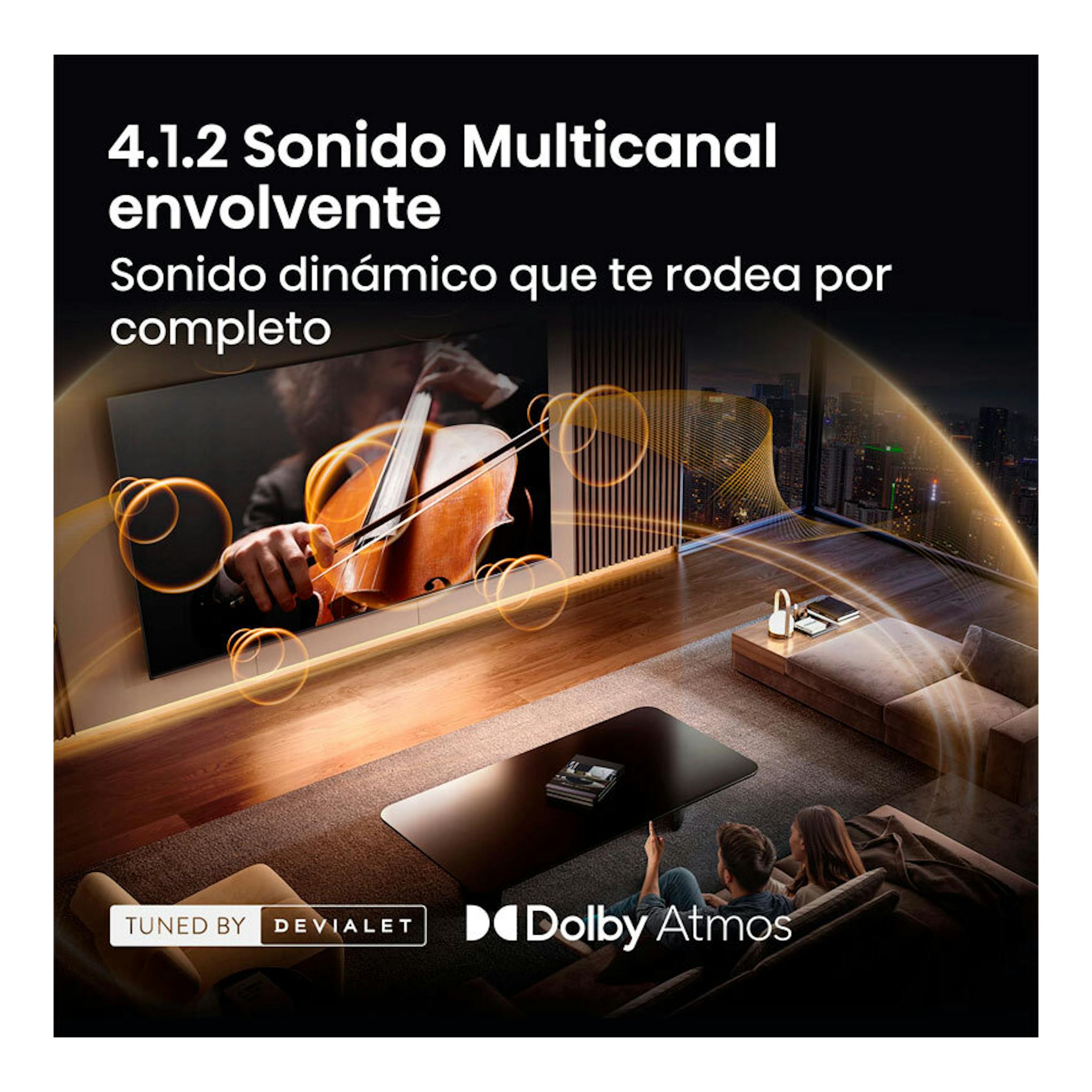 Imagen promocional de TV Hisense 75UR9S en pared, con salón y texto «4.1.2 Sonido Multicanal envolvente».