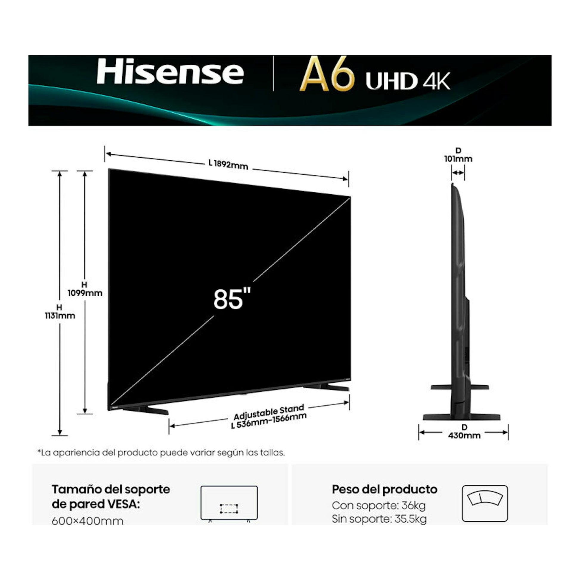 Hisense A6 UHD 4K de 85", vistas frontal y lateral, con medidas y soporte ajustable.