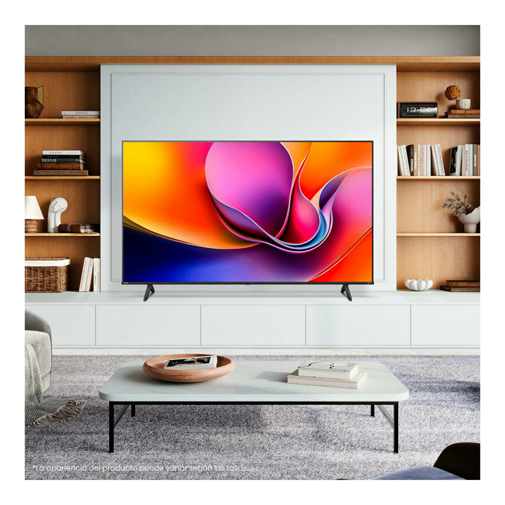 TV Hisense 85A6Q LED 4K de 85", vista frontal, con marco negro y pantalla con imagen abstracta multicolor.