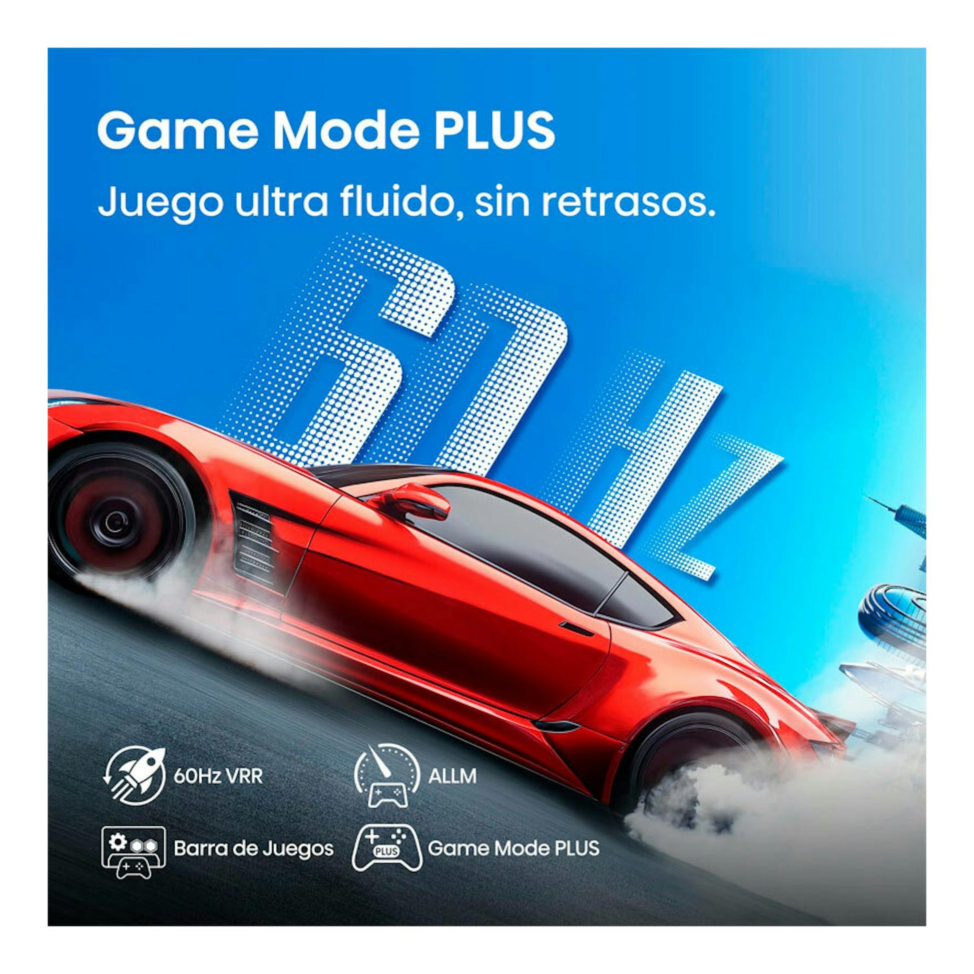 Gráfico promocional de Hisense 85A6Q con coche deportivo rojo y texto Game Mode PLUS, 60Hz VRR y ALLM.