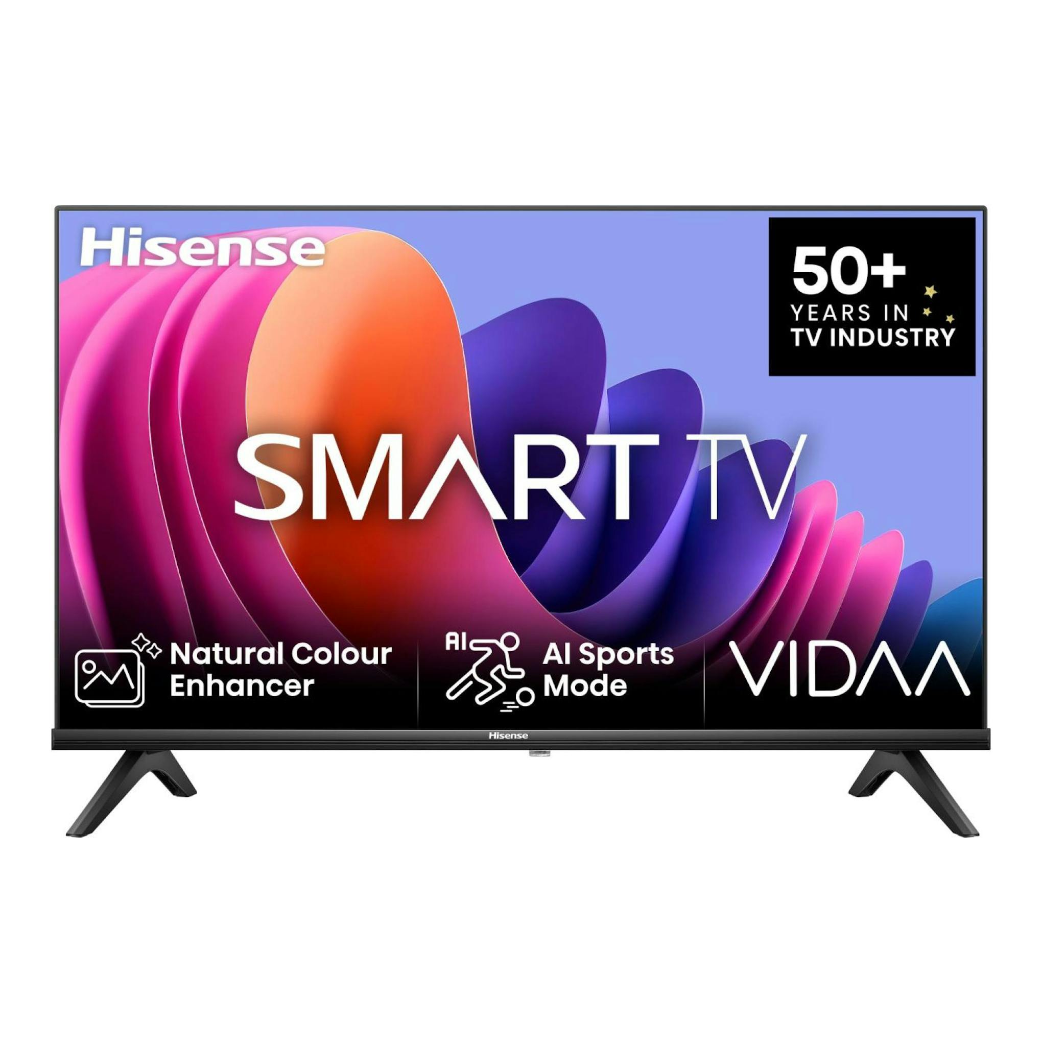 Televisor Hisense 32A4N Smart TV, vista frontal, con base negra y pantalla con gráficos de colores.