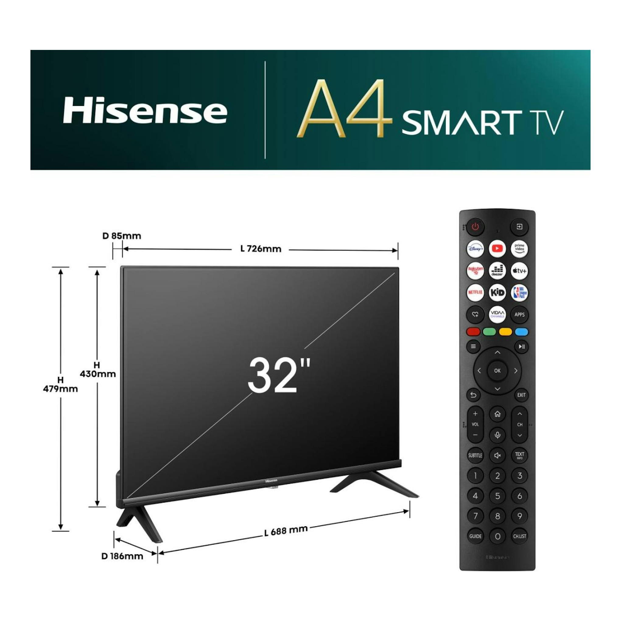 Hisense 32A4N A4 Smart TV de 32 pulgadas, vista frontal negra con mando y medidas.