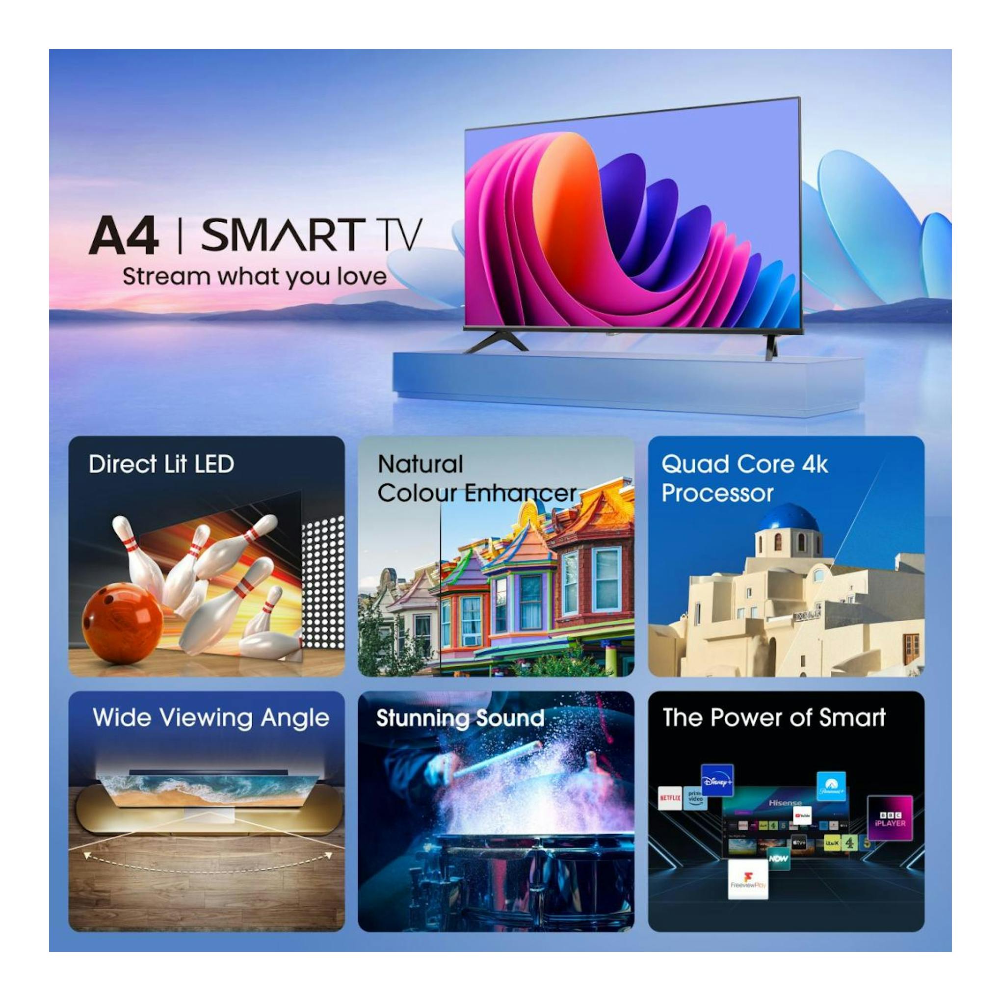 Hisense 32A4N Smart TV, vista frontal sobre pedestal, en imagen promocional con paneles de funciones.