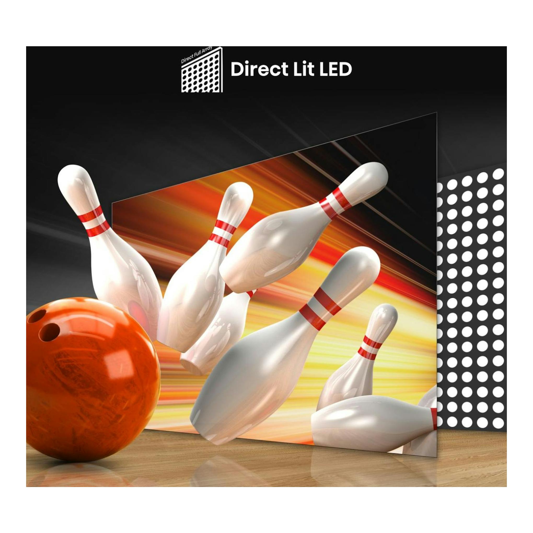 Imagen promocional de TV Hisense 32A4N con bola y bolos de boliche; texto “Direct Lit LED”.
