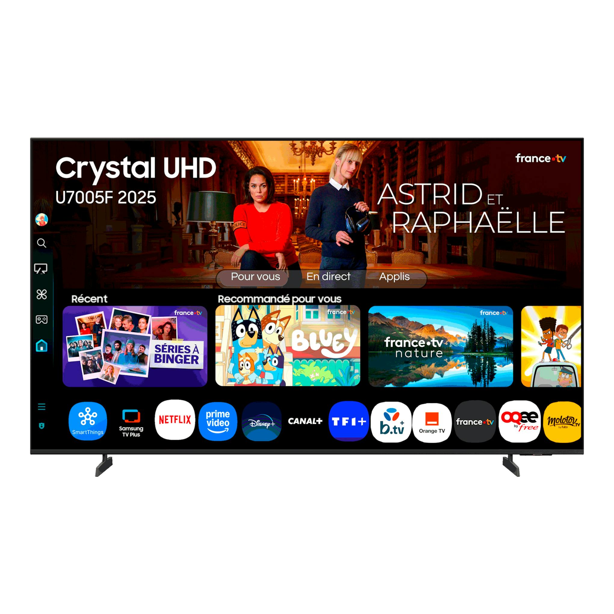 TV Samsung TU75U7005FKXXC negra, vista frontal, con interfaz Smart TV en pantalla.