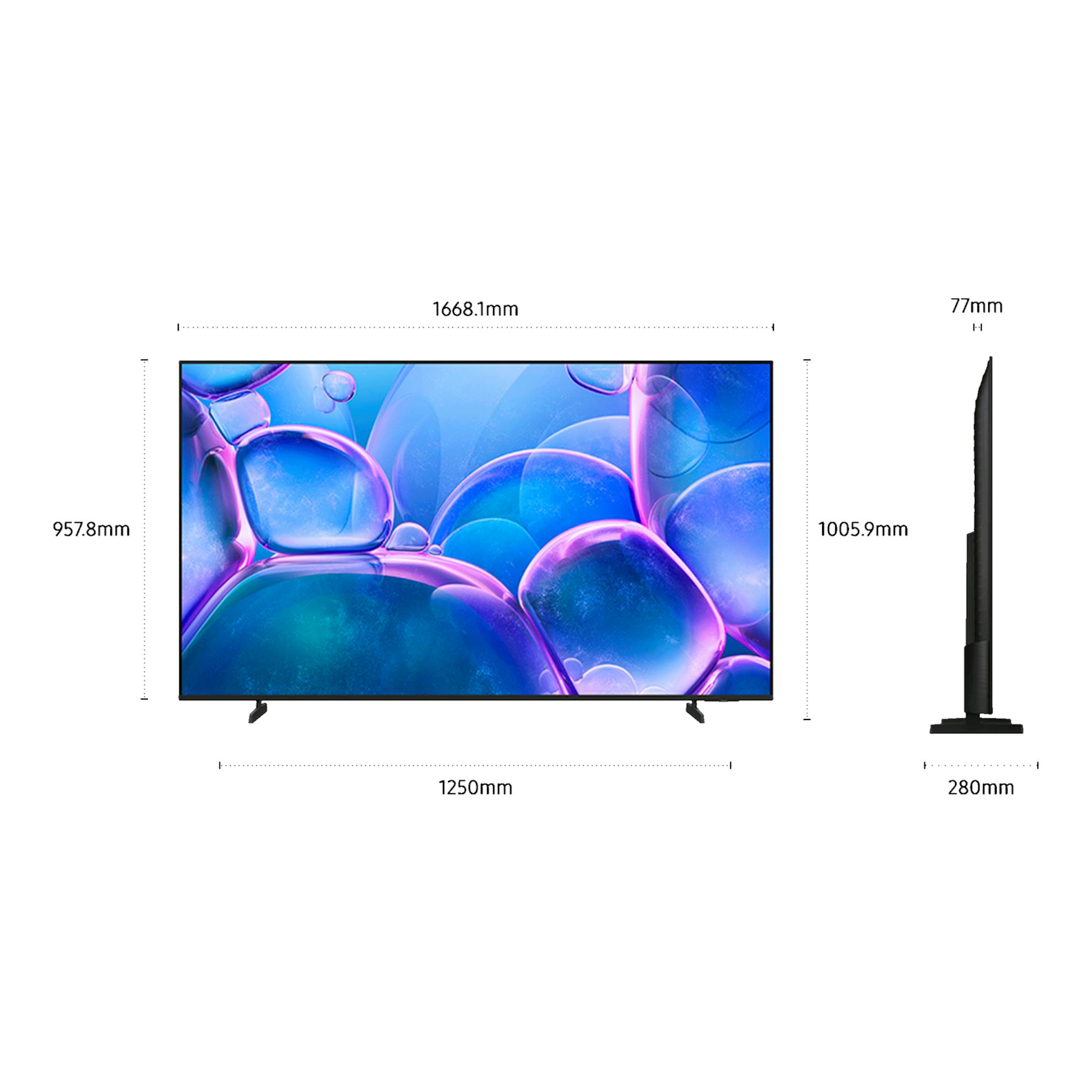 Samsung TU75U7005FKXXC, TV LED 75'' en vista frontal y lateral, de color negro y con soportes.