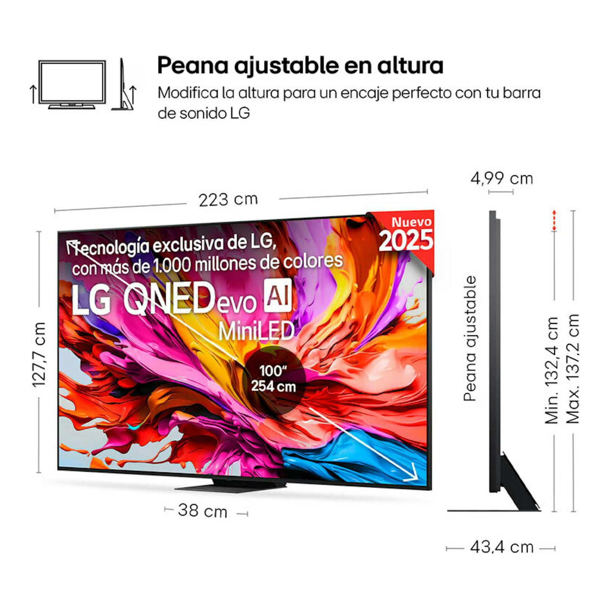 Infografía del TV LG 100QNED86A6 QNED evo AI MiniLED 100", vista frontal y lateral con medidas y peana ajustable.