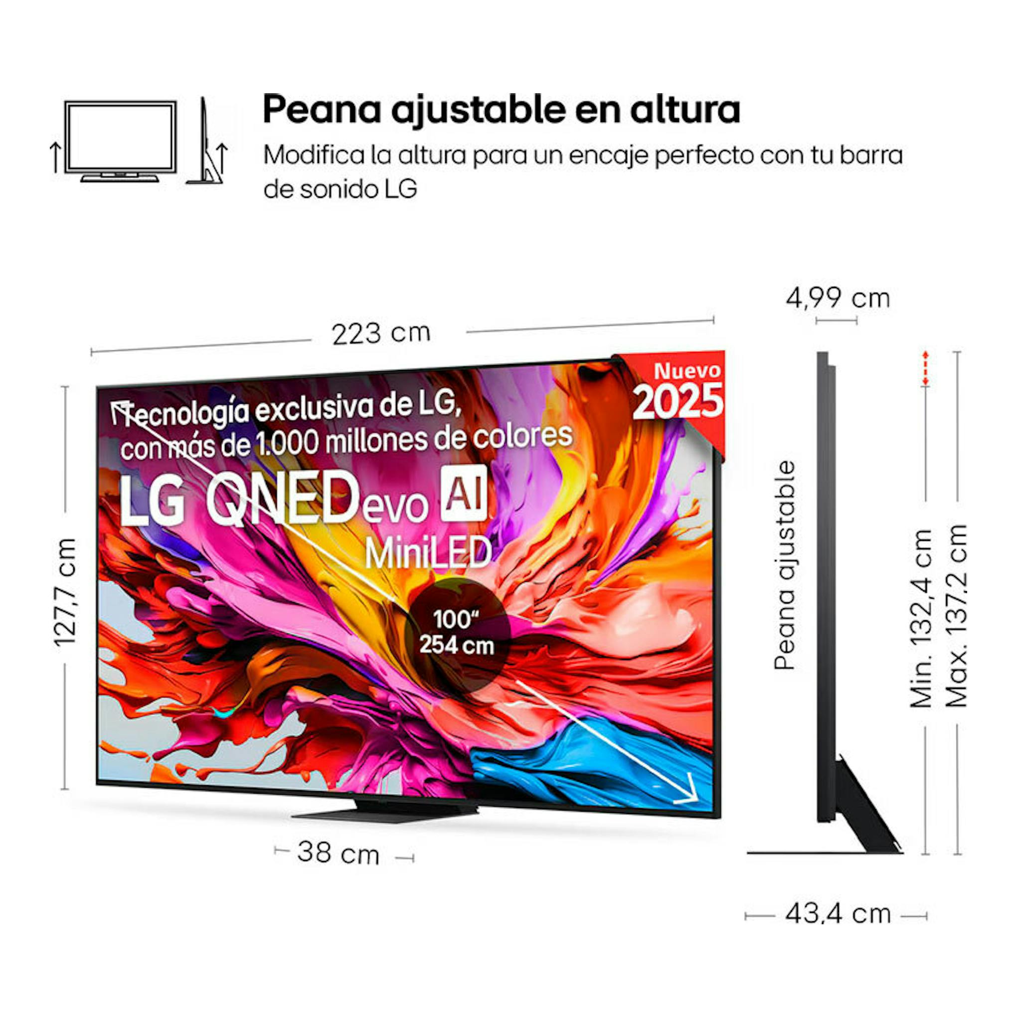 Infografía del TV LG 100QNED86A6 QNED evo AI MiniLED 100", vista frontal y lateral con medidas y peana ajustable.