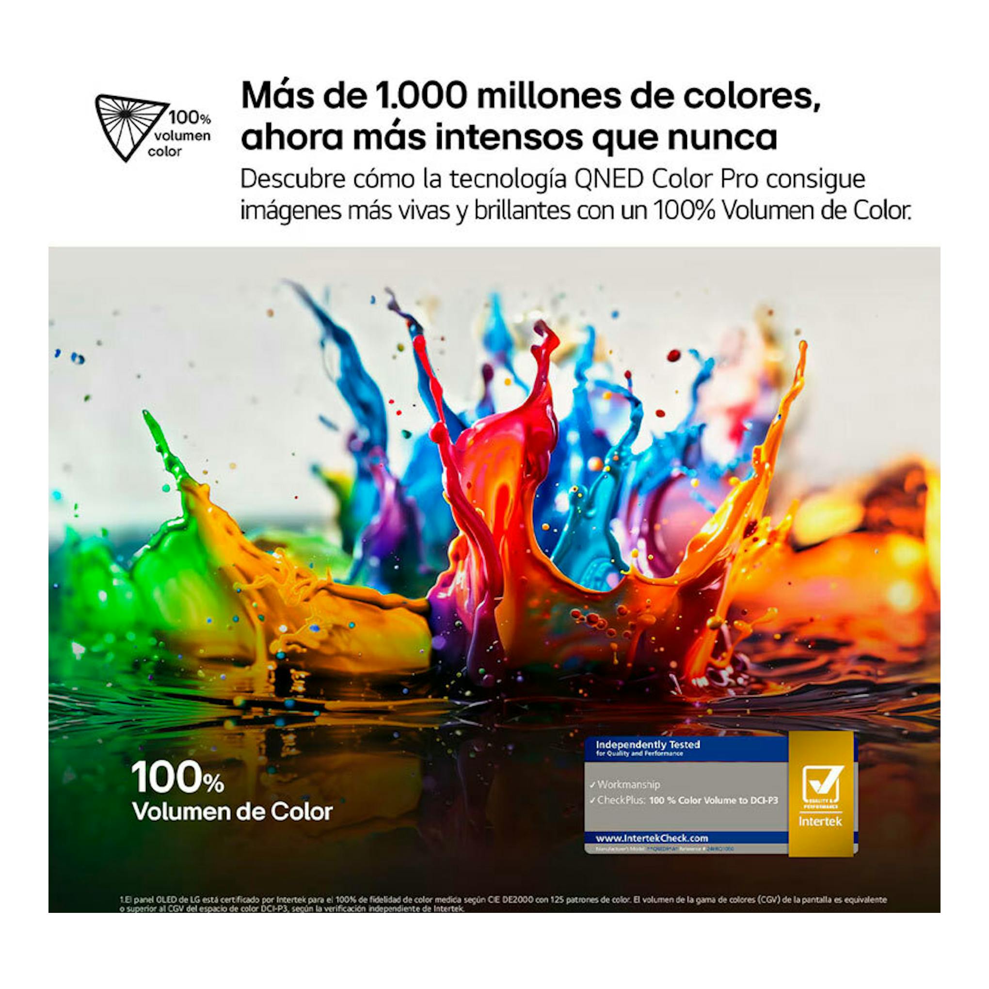 Banner promocional de LG 100QNED86A6 con salpicadura de pintura multicolor y texto sobre 100% volumen de color.