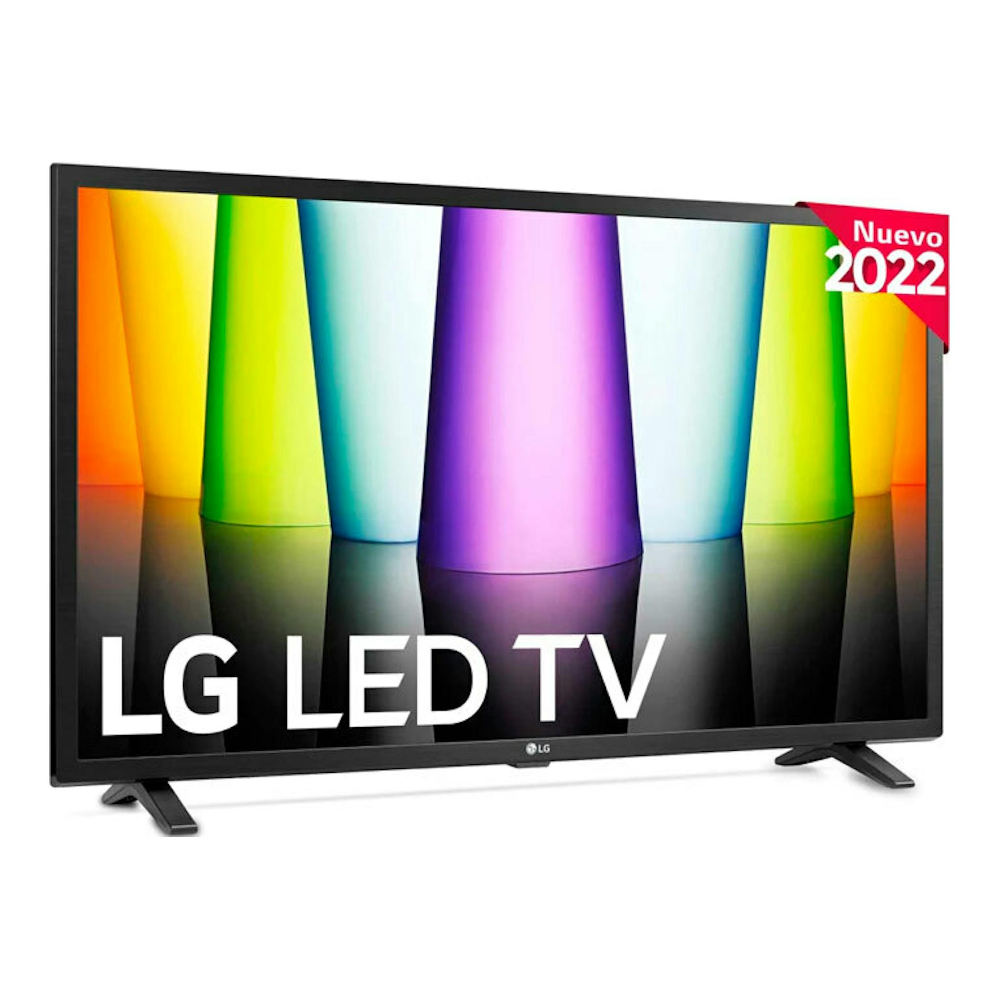 TV LG 32LQ63006LA LED negra, vista frontal, con pantalla de colores y peana doble.