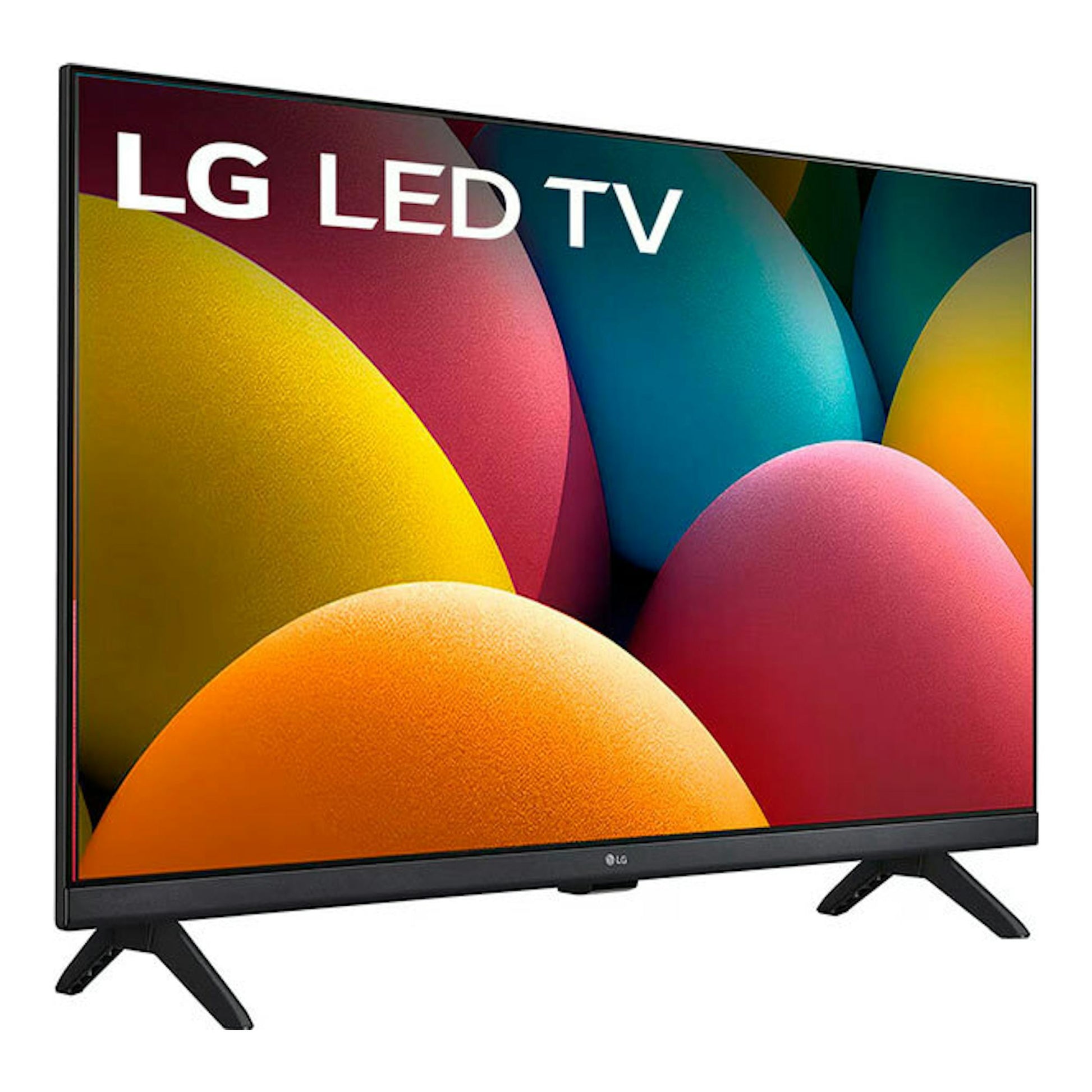 Televisor LG 32LR60006LA LED, vista frontal, marco negro y dos patas inclinadas, con pantalla multicolor.
