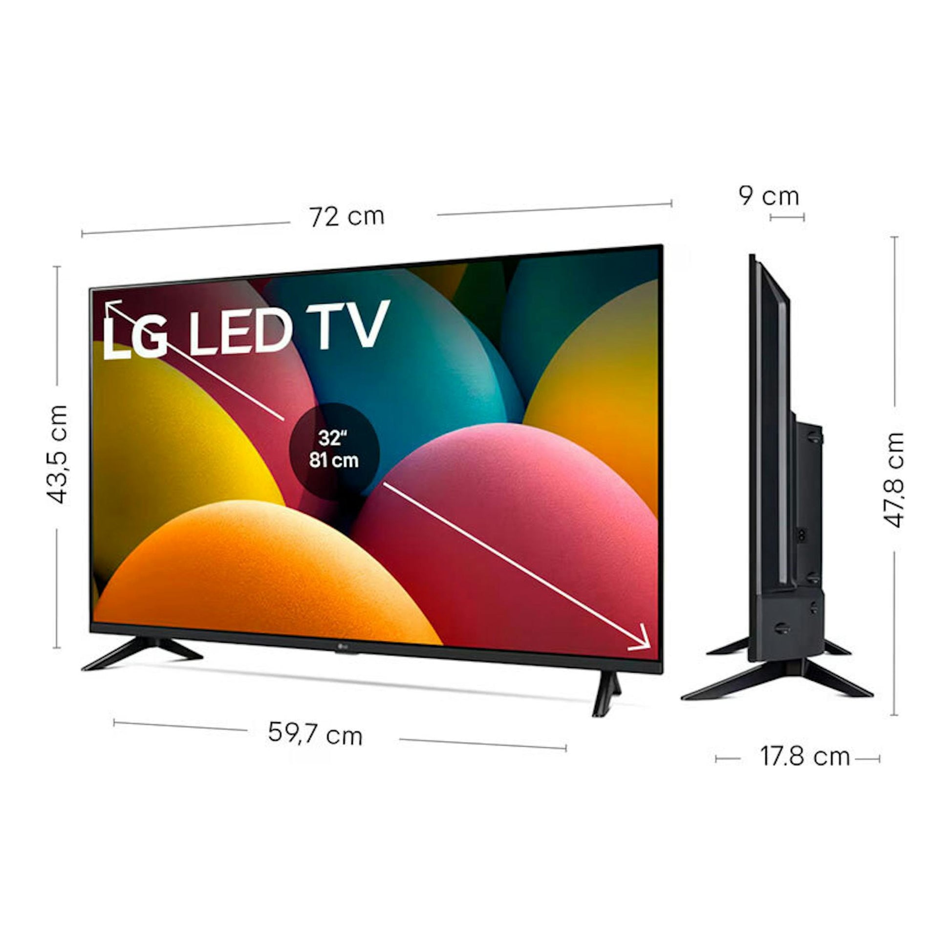 TV LG 32LR60006LA LED de 32”, vista frontal y lateral en negro, con medidas indicadas.