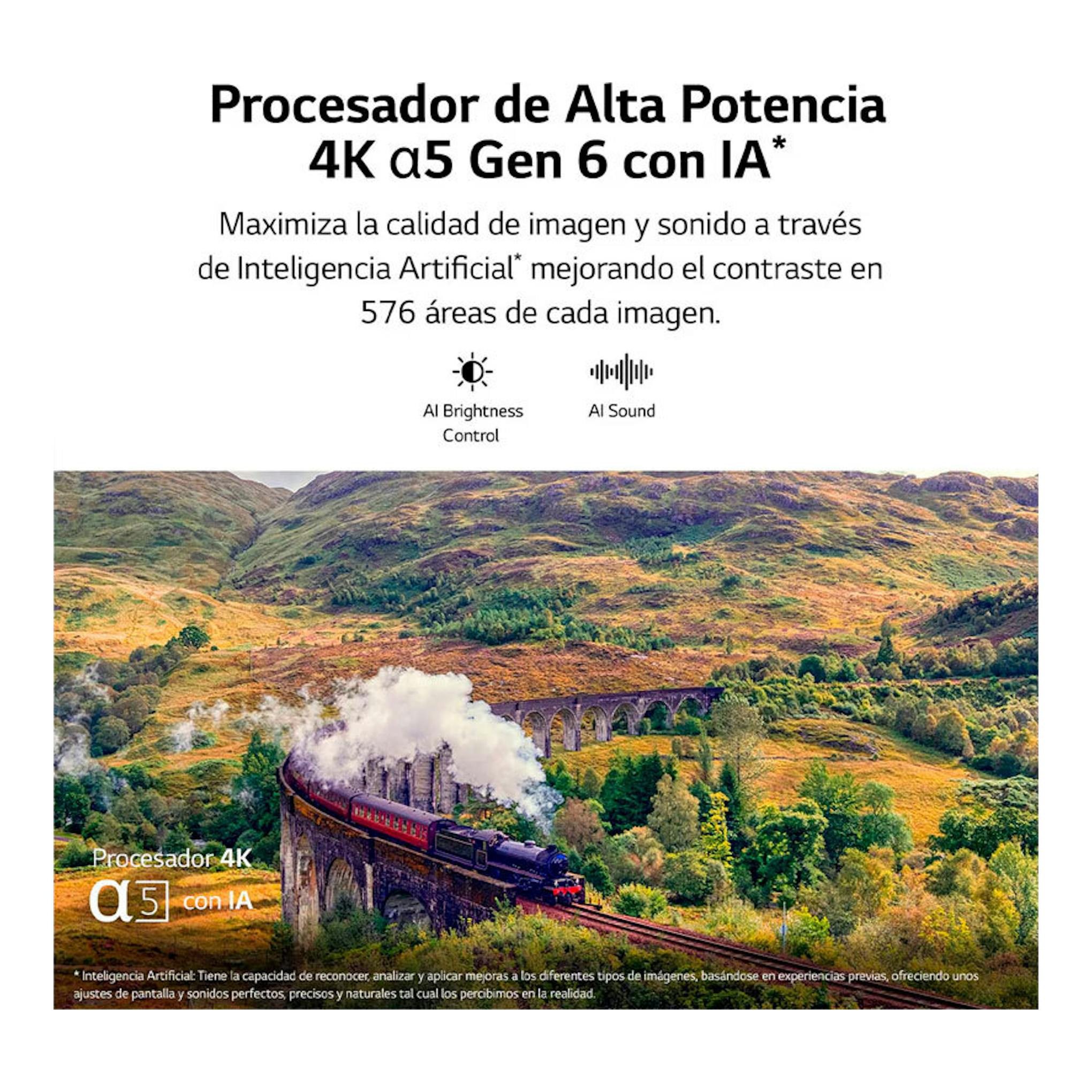 Anuncio de LG sobre procesador 4K α5 Gen 6 con IA; paisaje de tren sobre un viaducto.