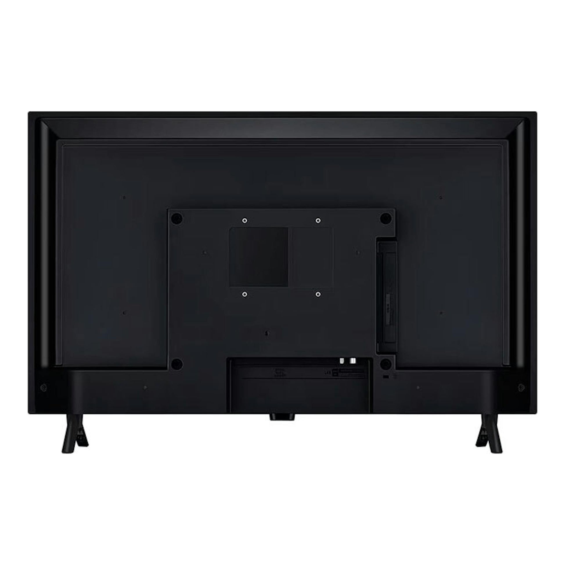 TV LG 32LR60006LA negra, vista trasera, con peana doble y panel posterior.