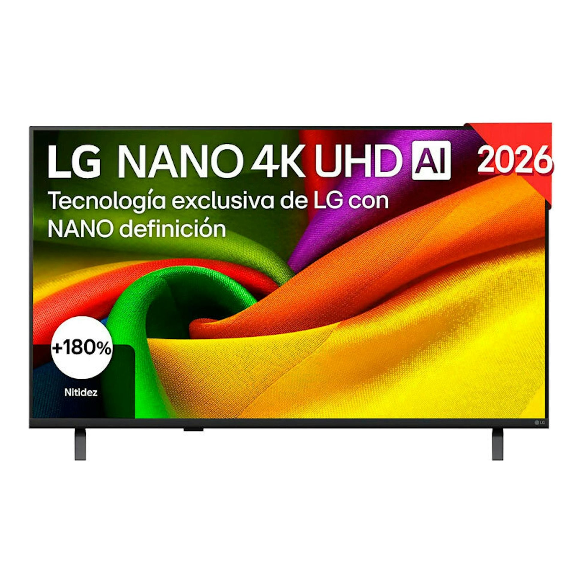 Televisor LG 43NU850B6LA Nano 4K UHD, vista frontal, con peanas negras y pantalla multicolor.