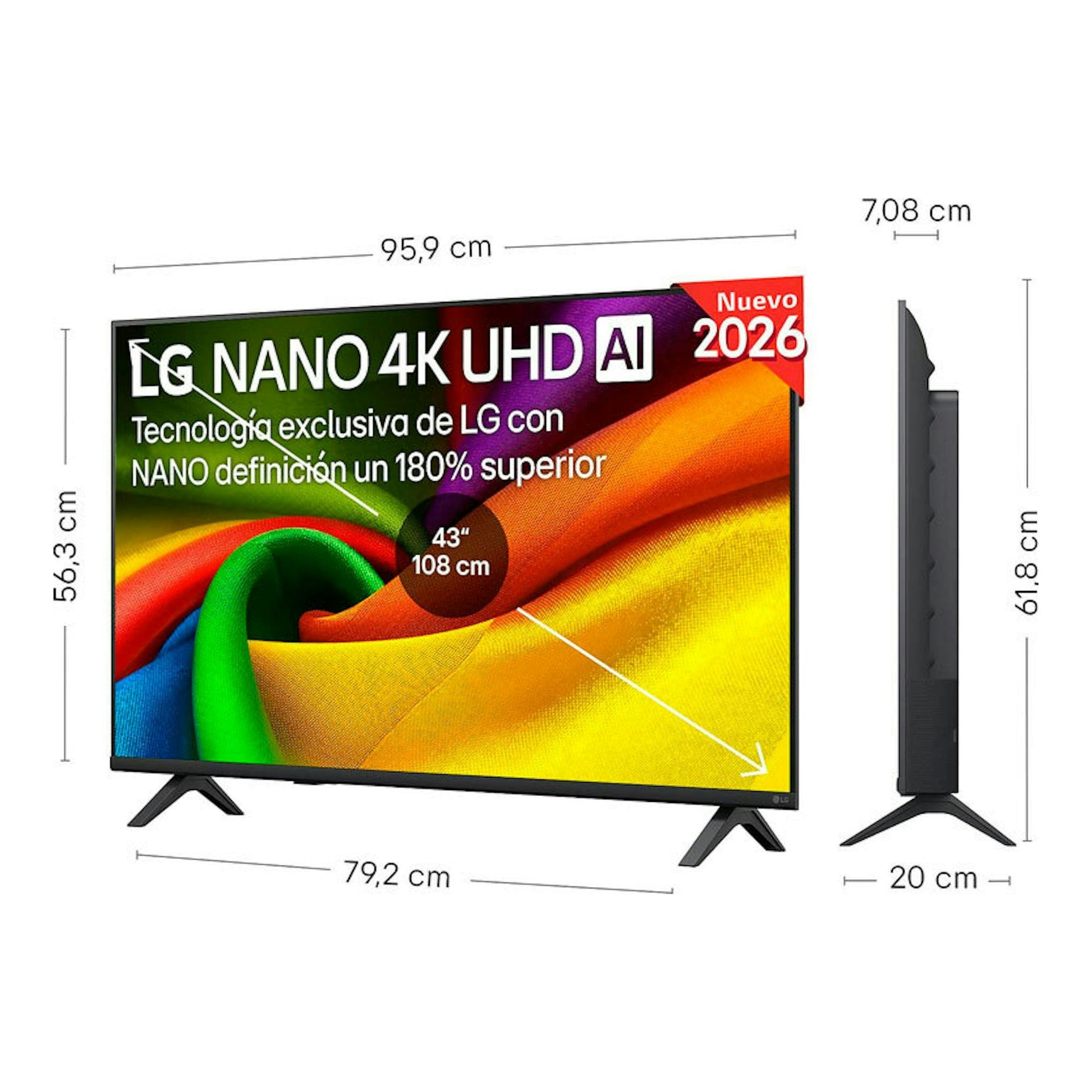 TV LG 43NU850B6LA de 43", vista frontal y lateral, en negro, con medidas 95,9 x 56,3 x 20 cm.