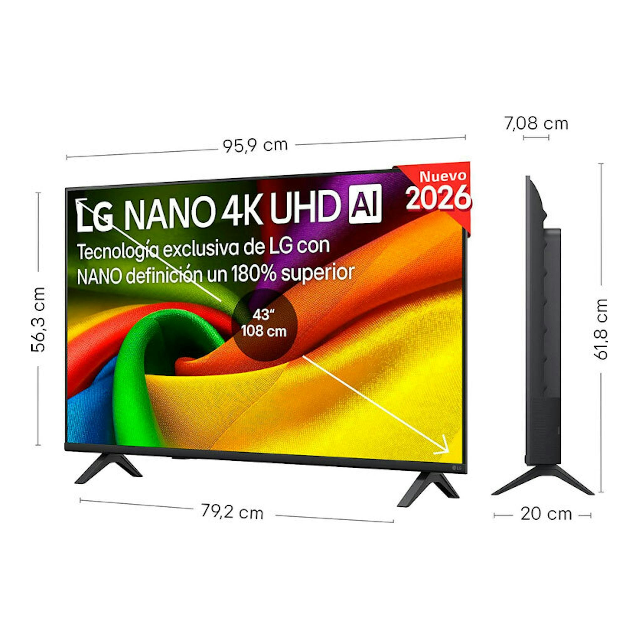 TV LG 43NU850B6LA de 43", vista frontal y lateral, en negro, con medidas 95,9 x 56,3 x 20 cm.
