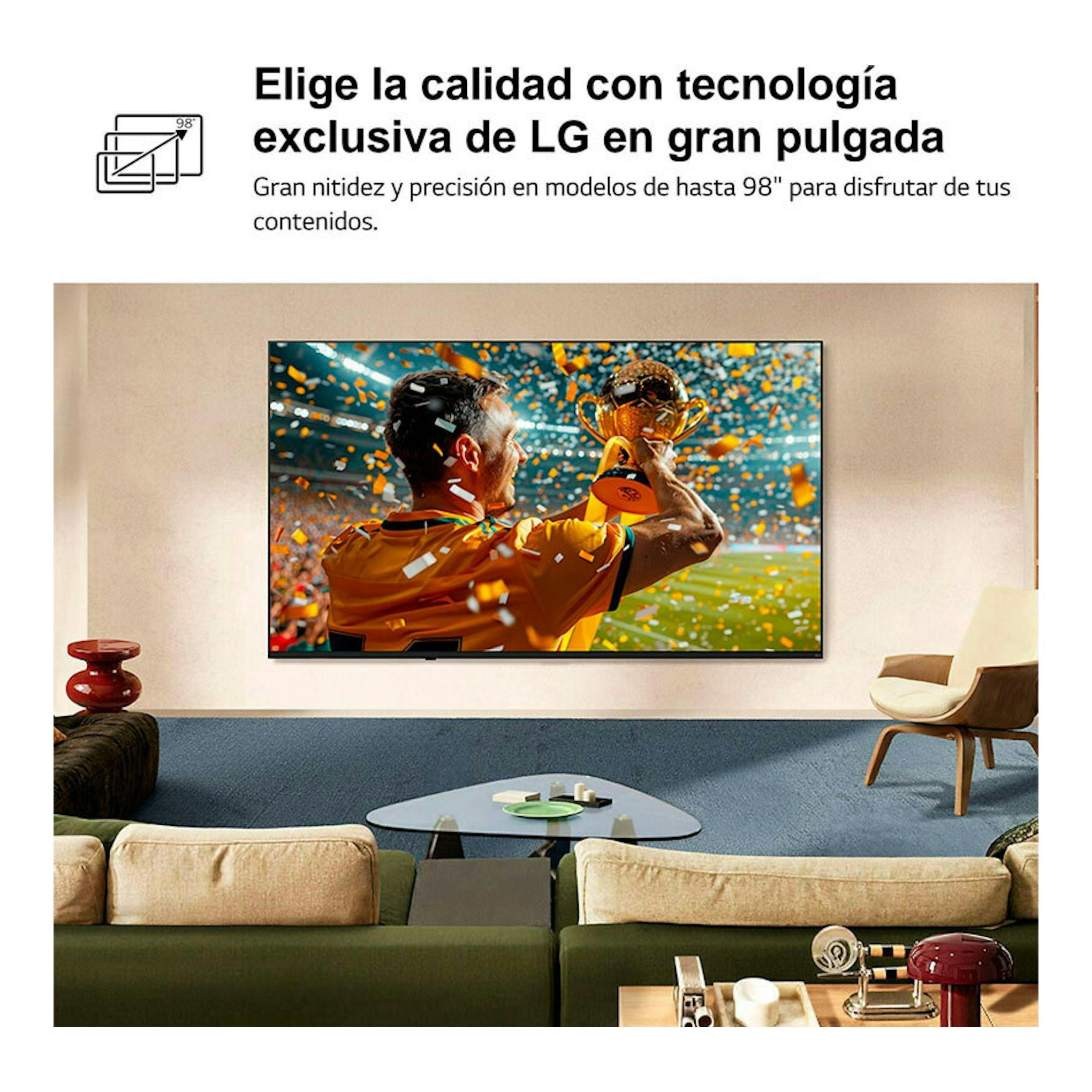 TV LG 43NU850B6LA montado en pared, vista frontal, pantalla con un futbolista celebrando en una sala