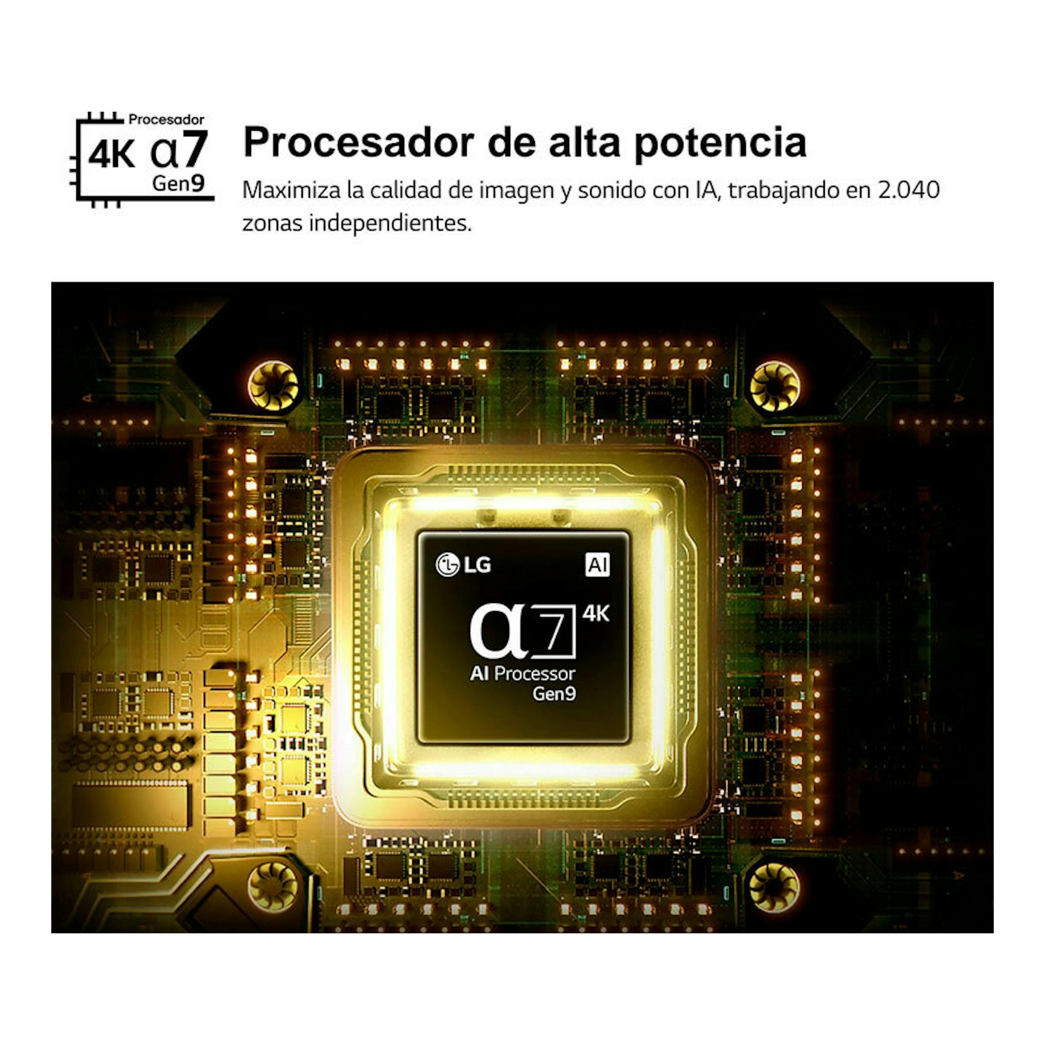 Gráfico del procesador LG α7 4K AI Gen9 sobre una placa electrónica, con texto en blanco arriba.