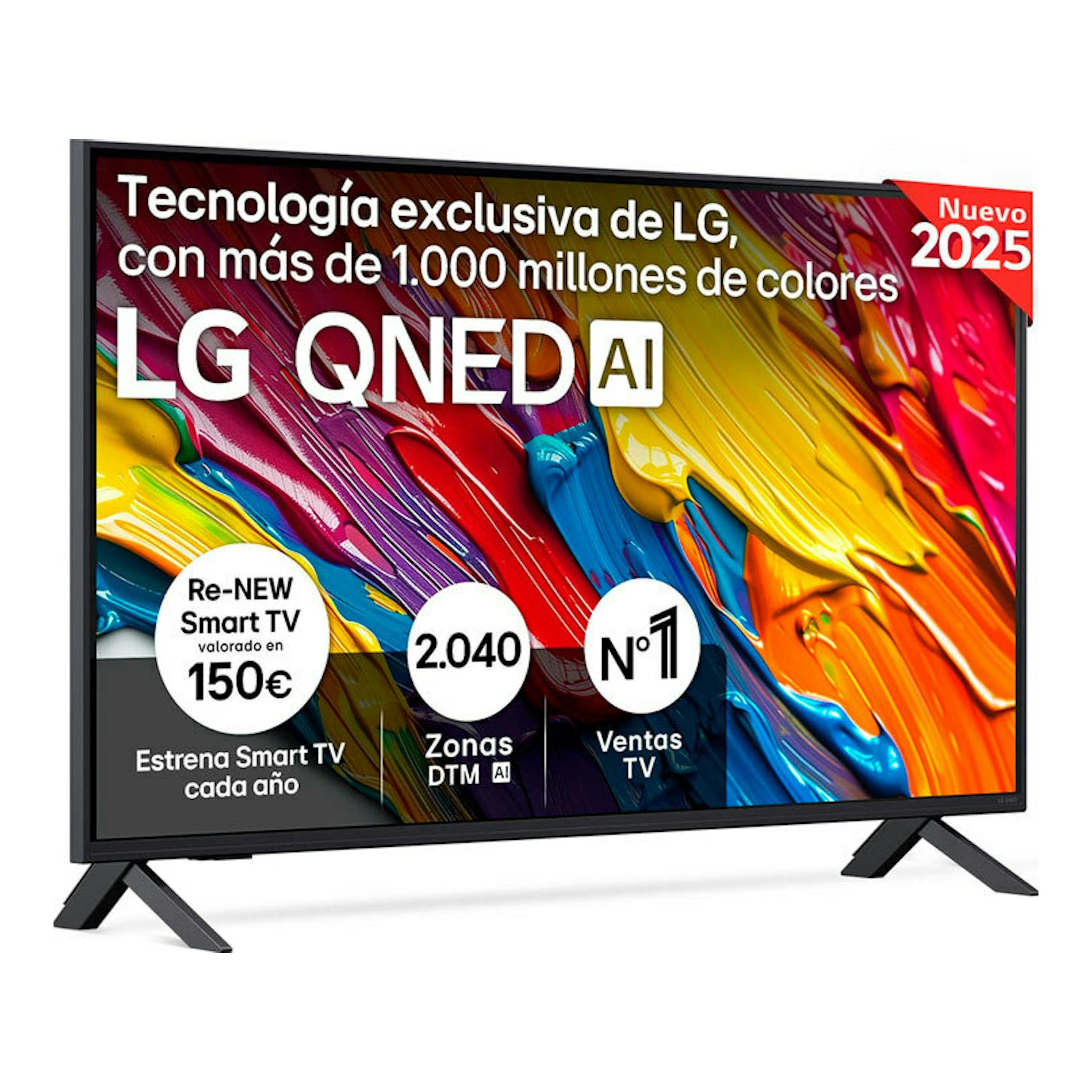 TV LG 43QNED82A6B QNED AI 4K de 43”, vista frontal, con marco negro y dos patas en V.
