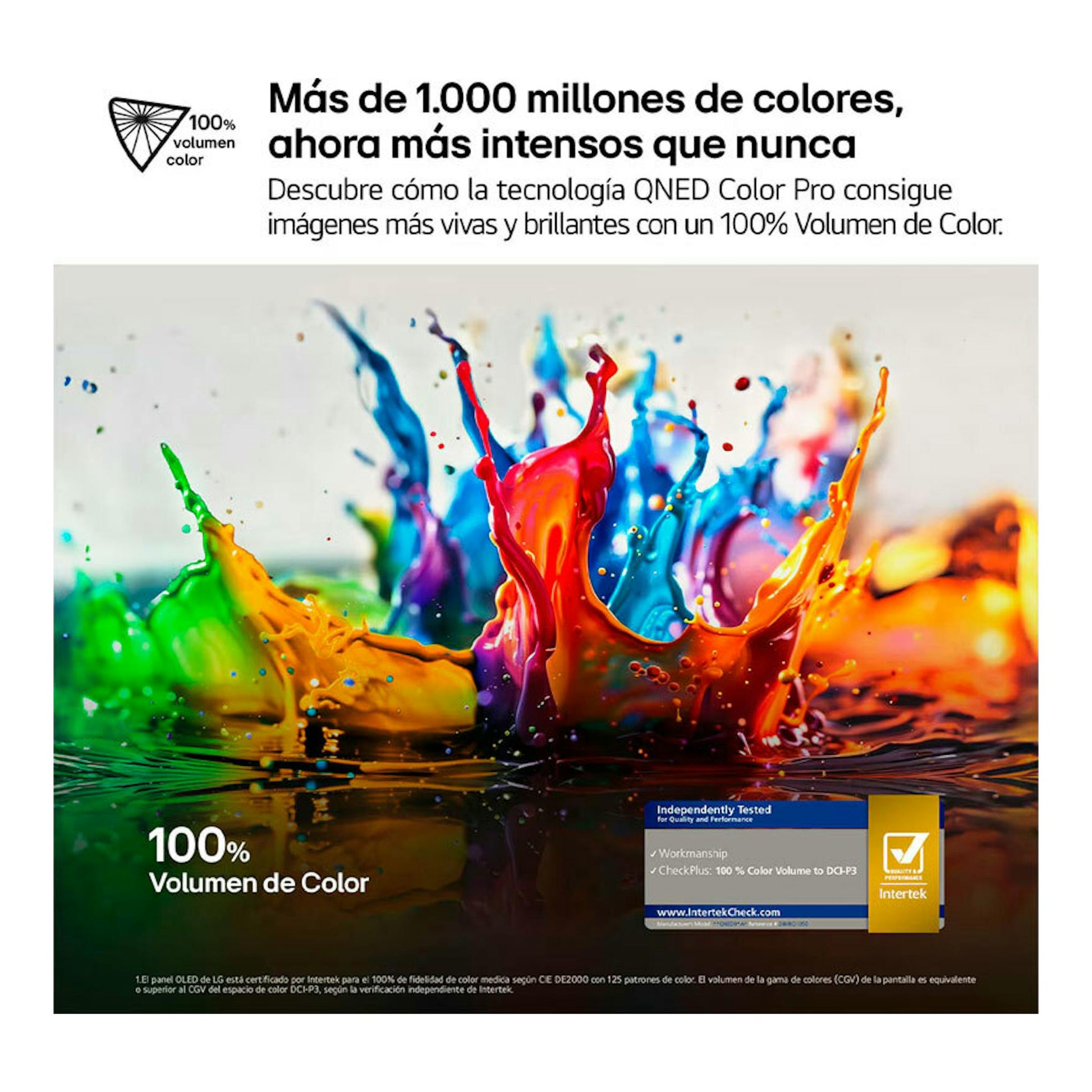 Imagen promocional de QNED Color Pro con salpicadura de pintura multicolor y textos sobre 100% volumen de color.
