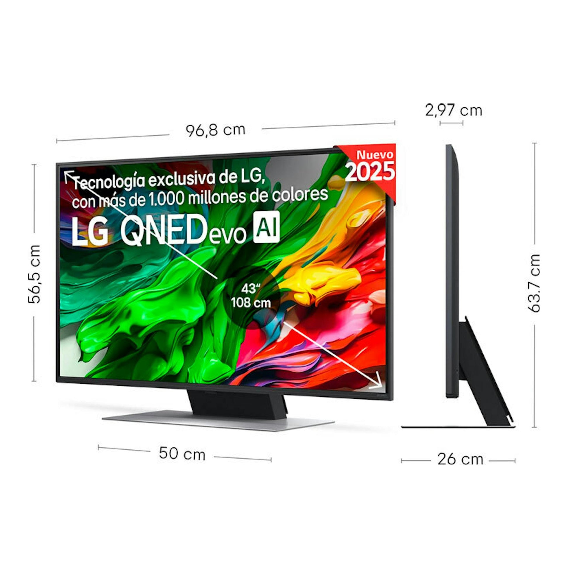 TV LG 43QNED87A6D QNED 4K de 43”, vista frontal y lateral, con pantalla multicolor y base negra.