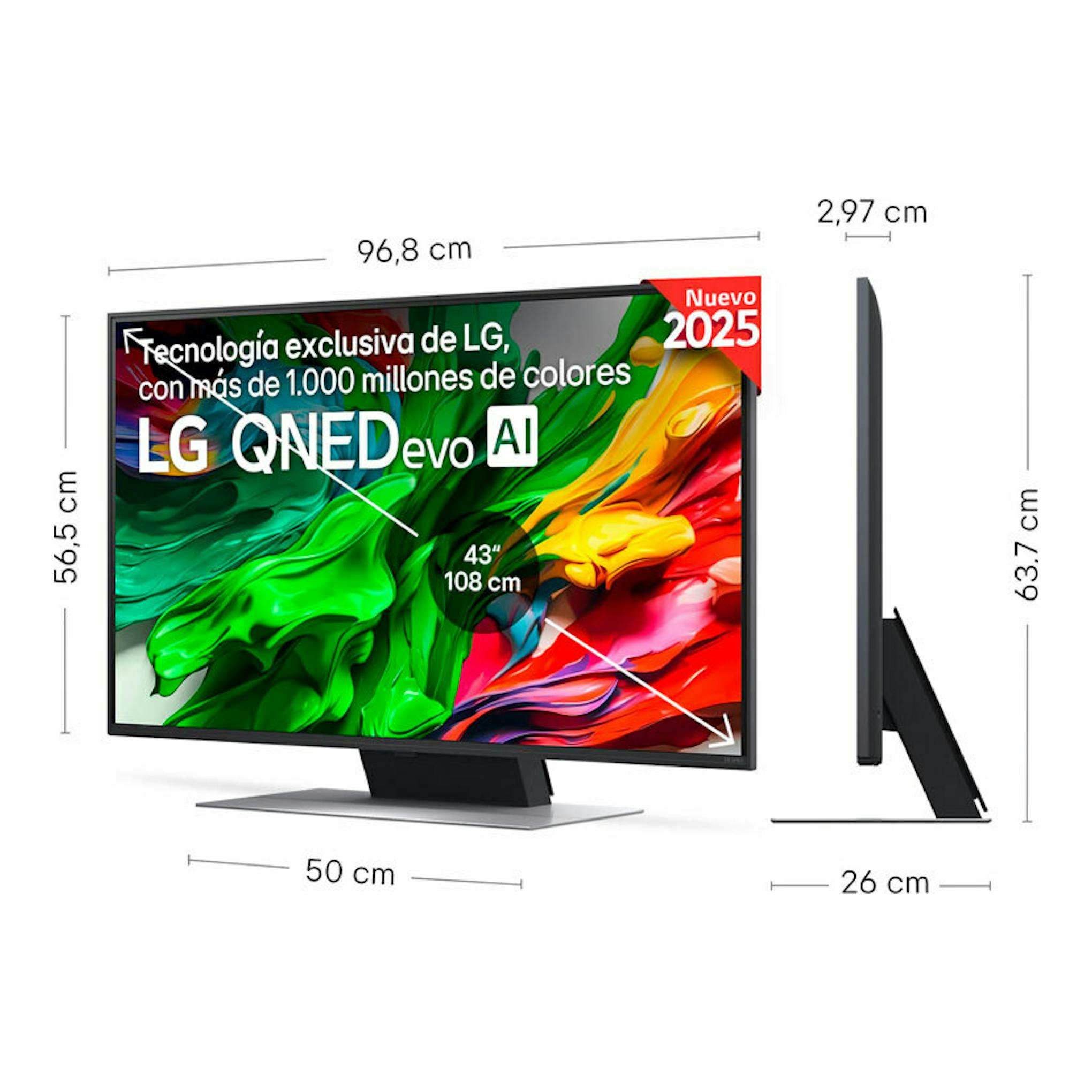 TV LG 43QNED87A6D QNED 4K de 43”, vista frontal y lateral, con pantalla multicolor y base negra.
