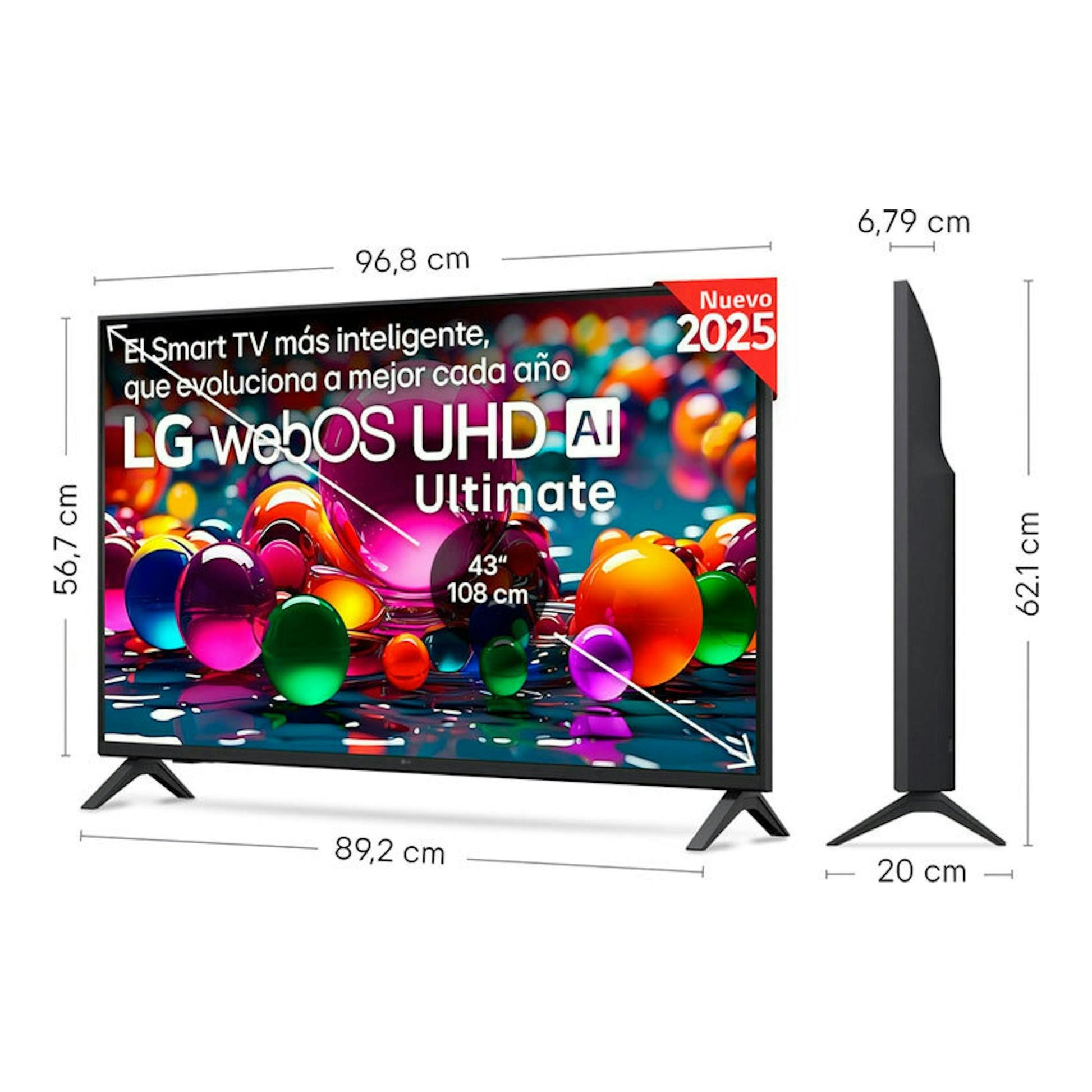 Televisor LG 43UA75006LA de 43", vista frontal y lateral en negro, con medidas y soporte de patas.