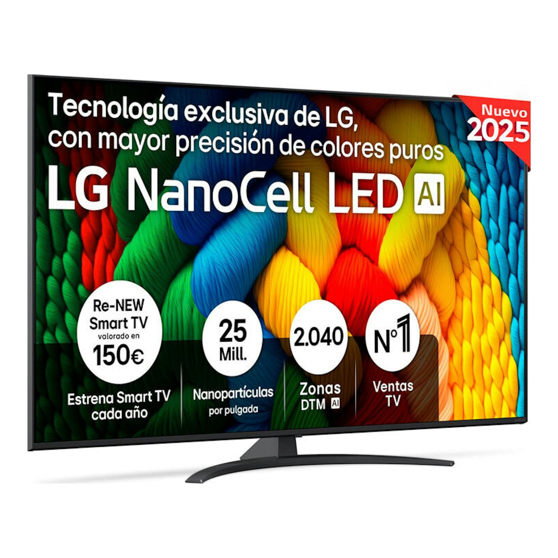TV LG 50NANO81A6A NanoCell LED AI, vista frontal en ángulo, con base central negra.