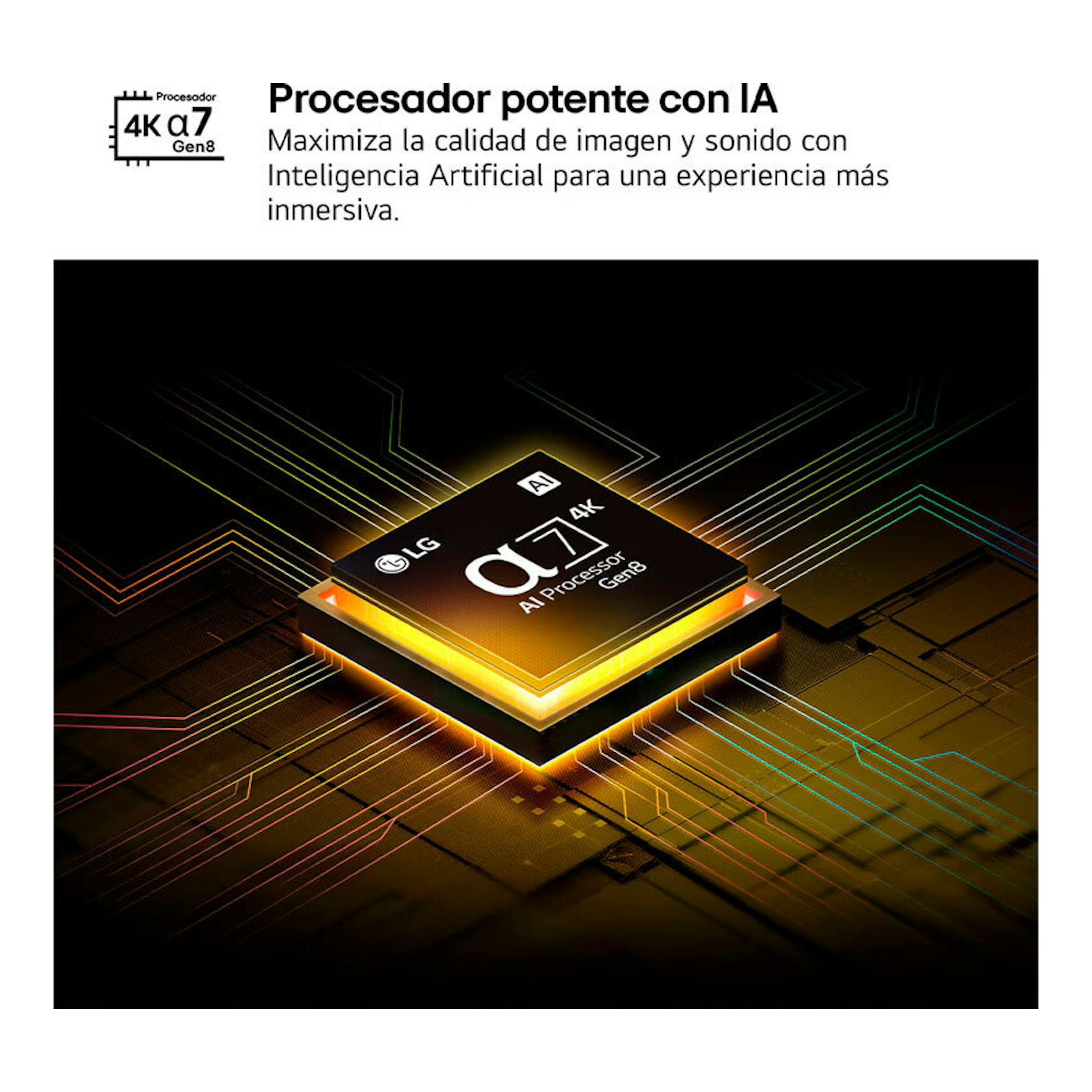 Procesador LG α7 AI Processor 4K Gen8 sobre fondo negro, con líneas de circuitos y texto en español.