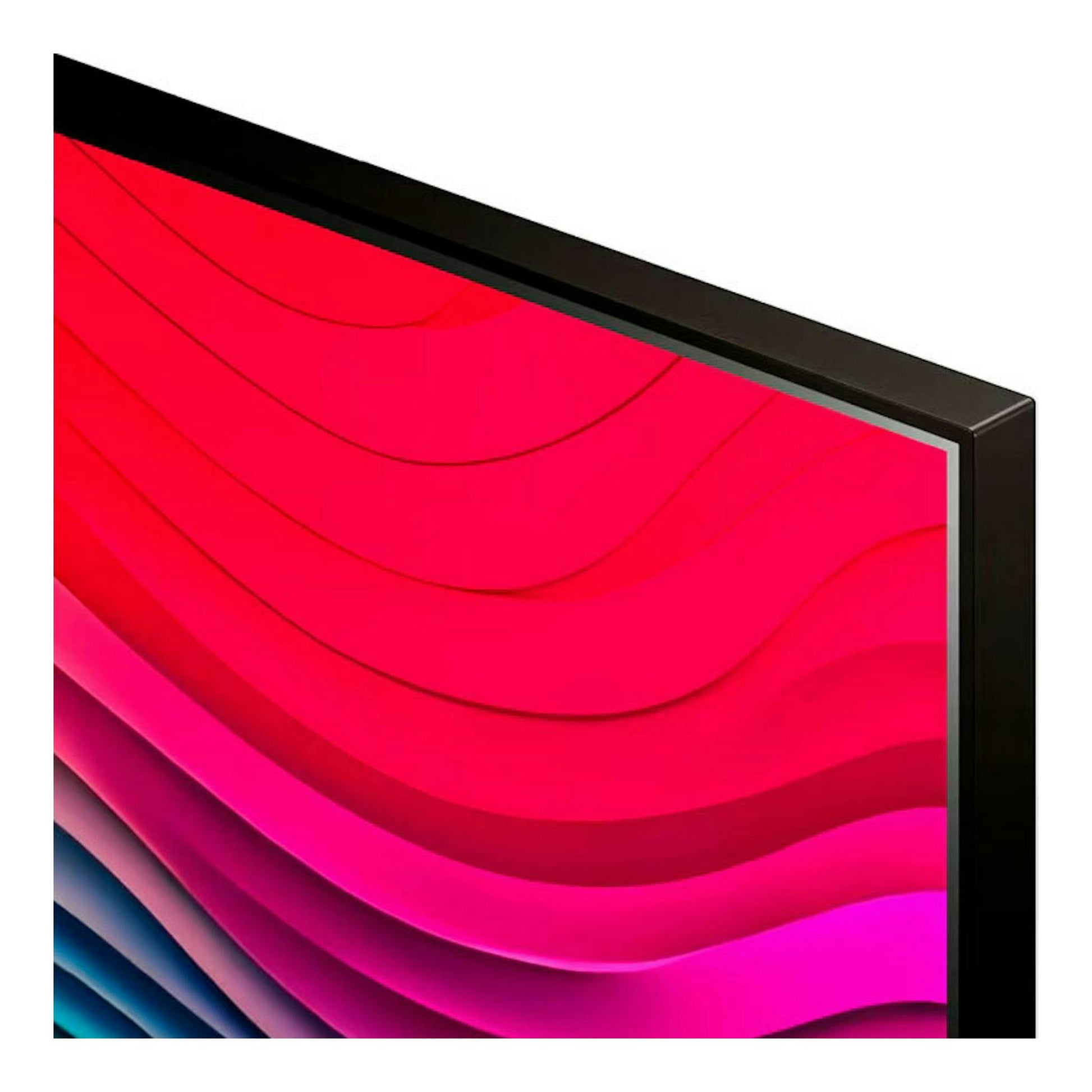 Televisor LG 50NANO82T6B en vista en ángulo, con borde negro y pantalla con fondo abstracto rojo y rosa.