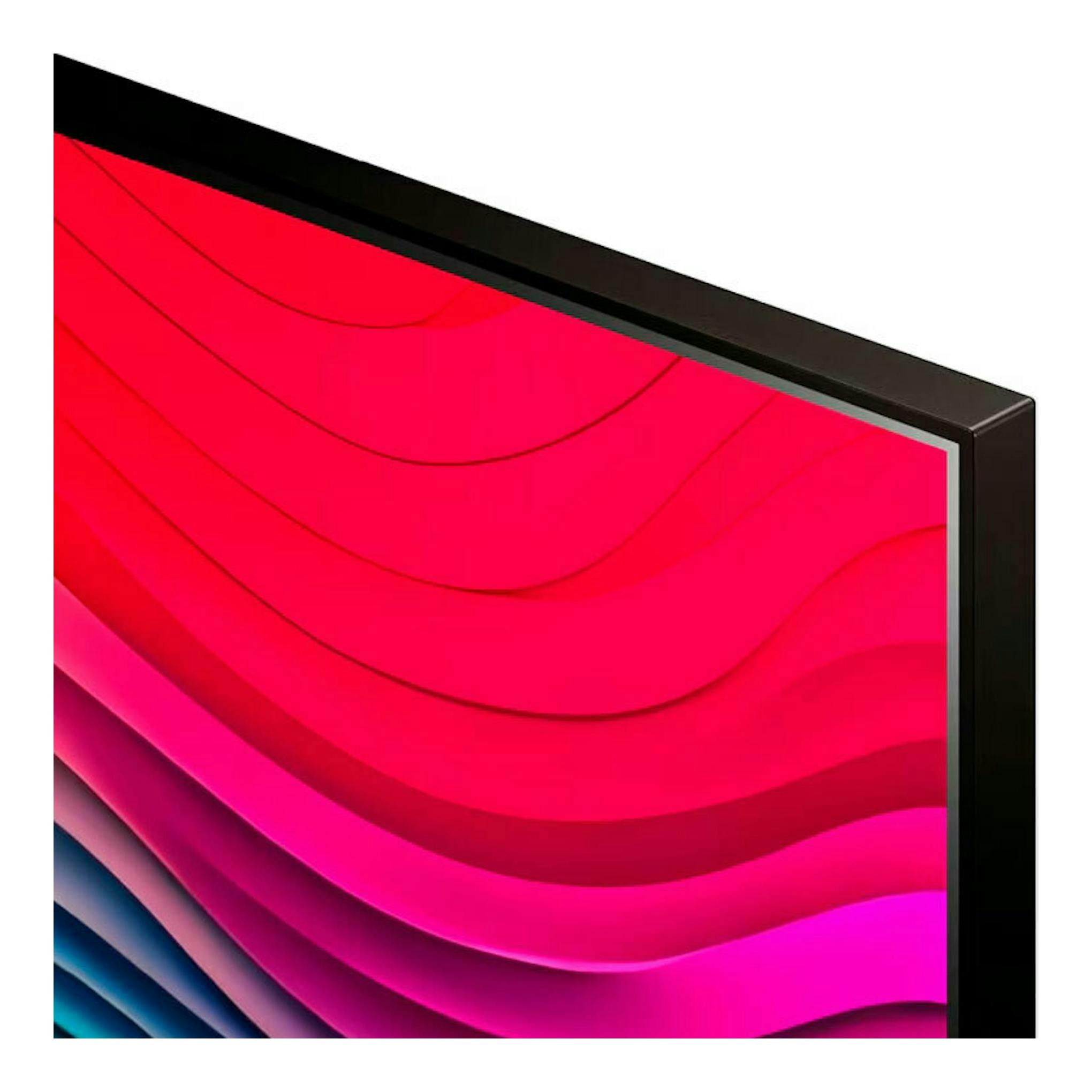 Televisor LG 50NANO82T6B en vista en ángulo, con borde negro y pantalla con fondo abstracto rojo y rosa.