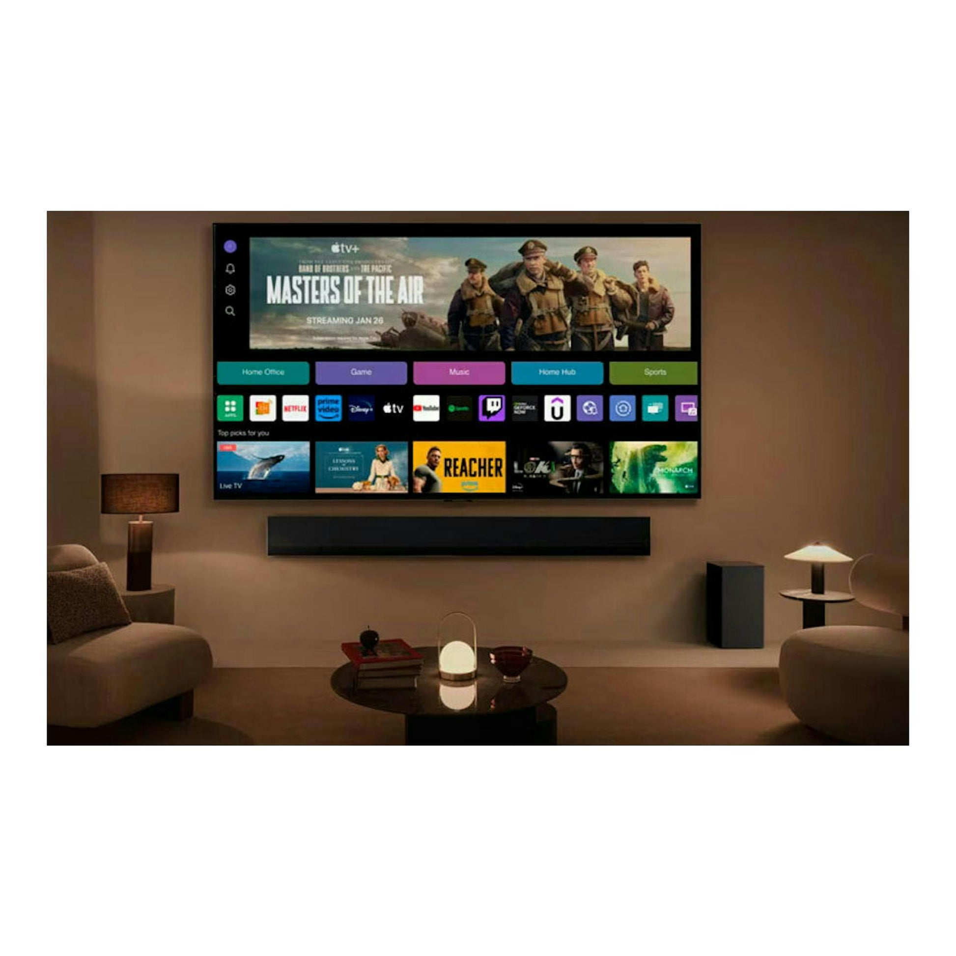 Televisor LG 50NANO82T6B montado en pared, vista frontal, con interfaz webOS en una sala de estar.