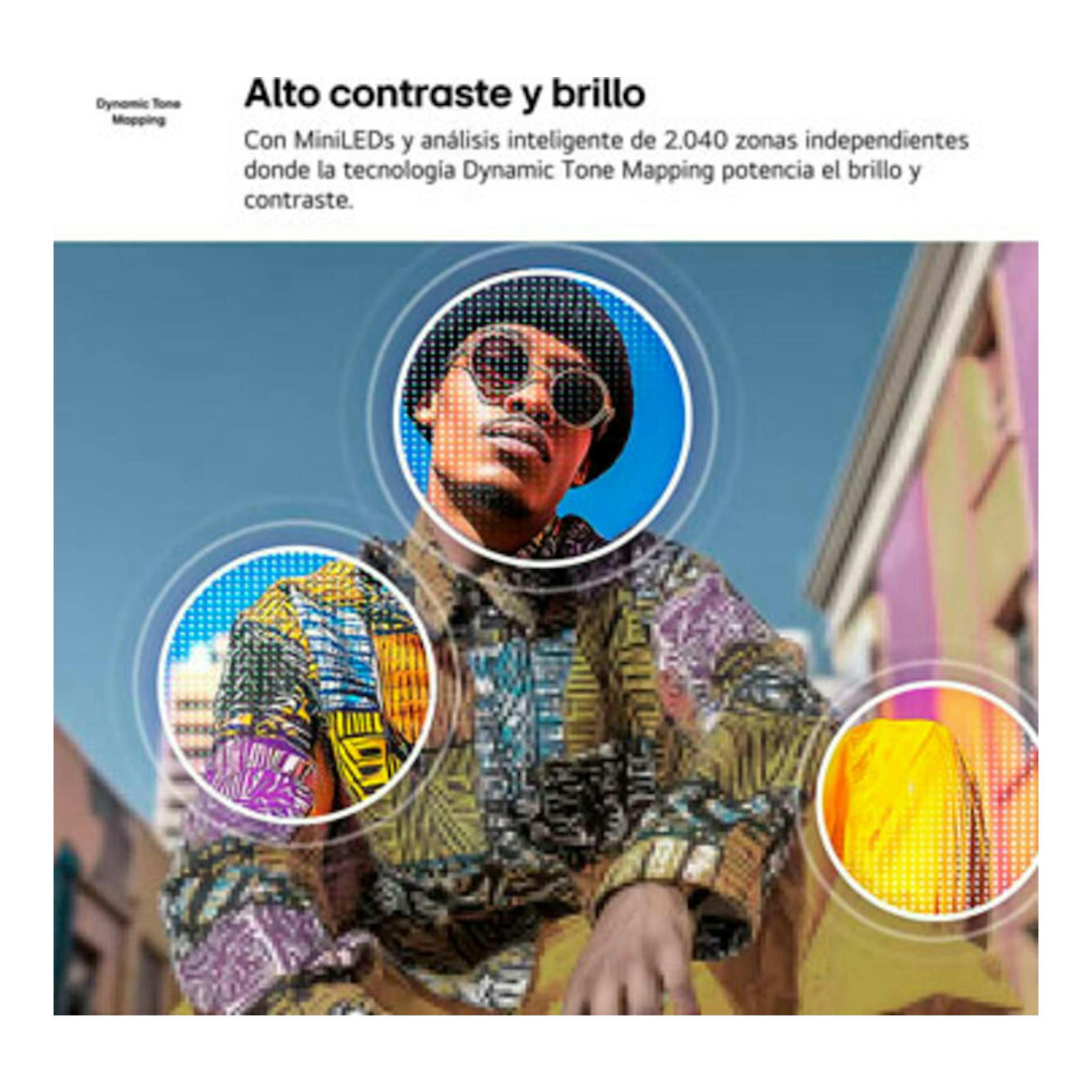 Gráfico de LG 50QNED70B6C.AEU con texto «Alto contraste y brillo» y una persona con chaqueta multicolor.