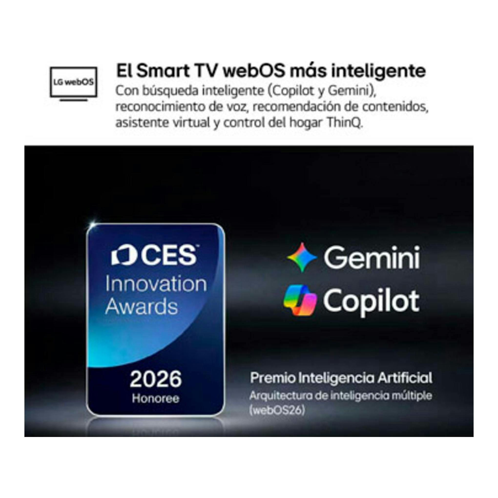 Gráfico promocional frontal de LG webOS con logos de Gemini y Copilot y premio CES Innovation Awards 2026.
