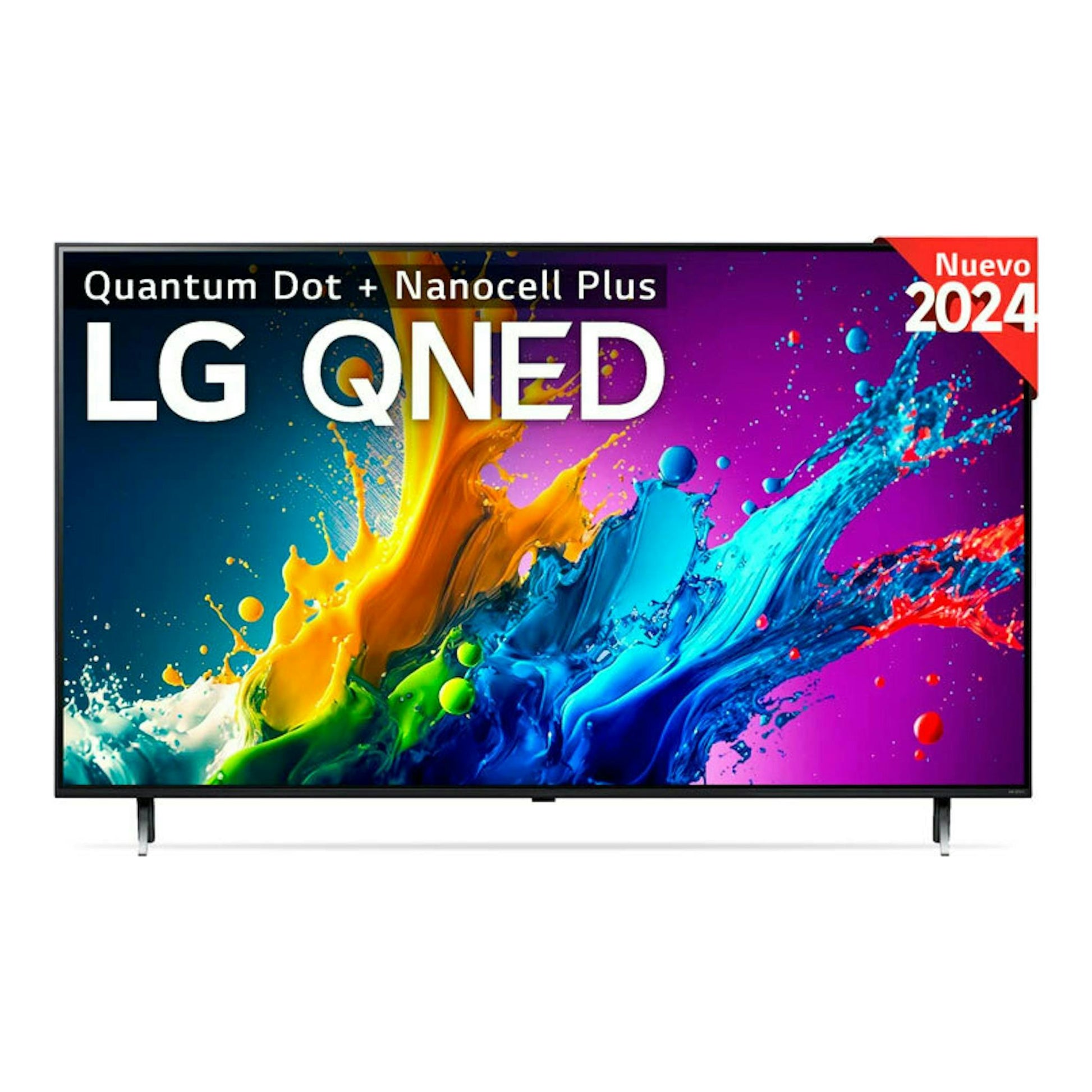 Televisor LG QNED 50QNED80T6A.AEU, vista frontal, pantalla con gráfico multicolor y etiqueta “Nuevo 2024”.