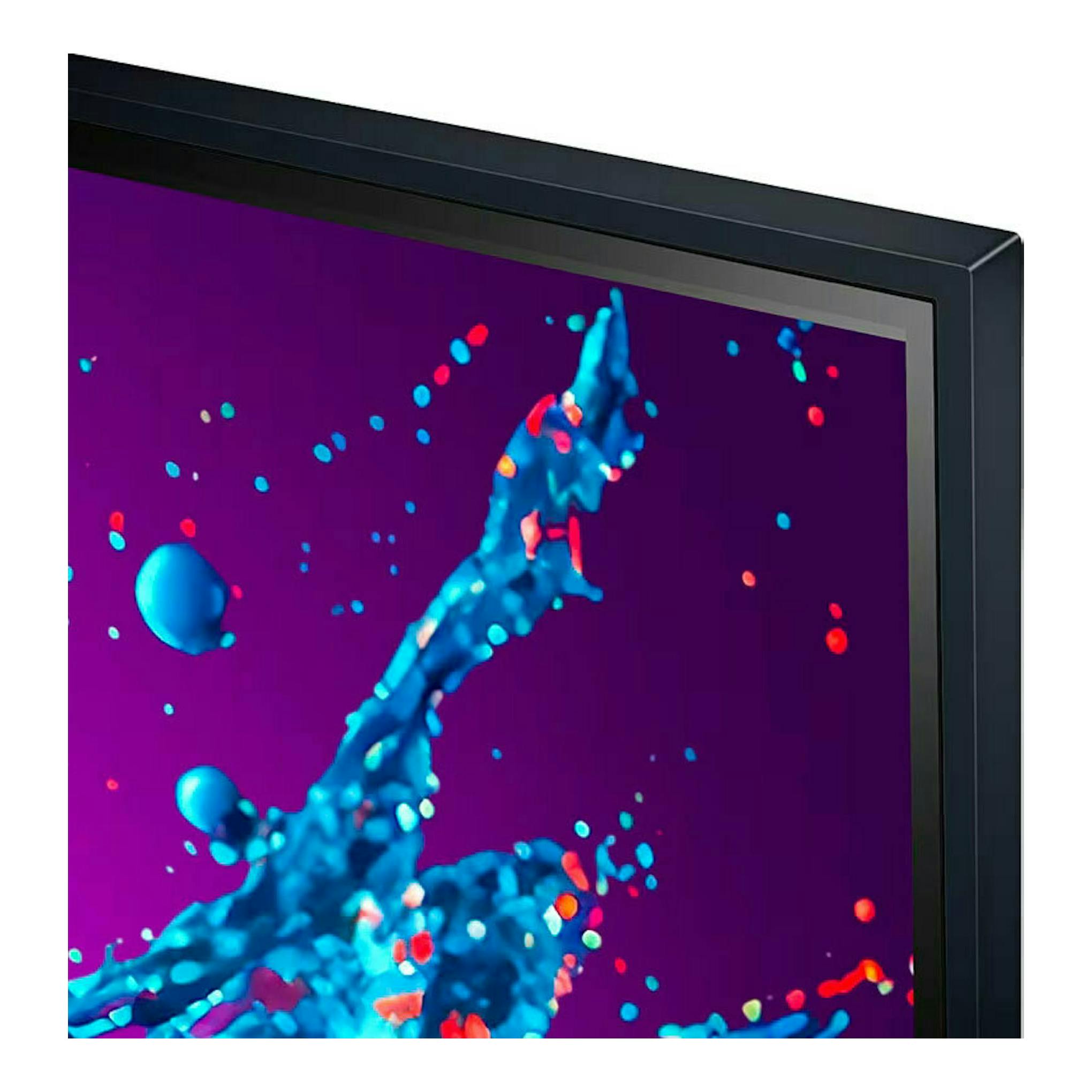 TV LG 50QNED80T6A.AEU, vista en ángulo del borde superior derecho, marco negro y pantalla con imagen abstracta.
