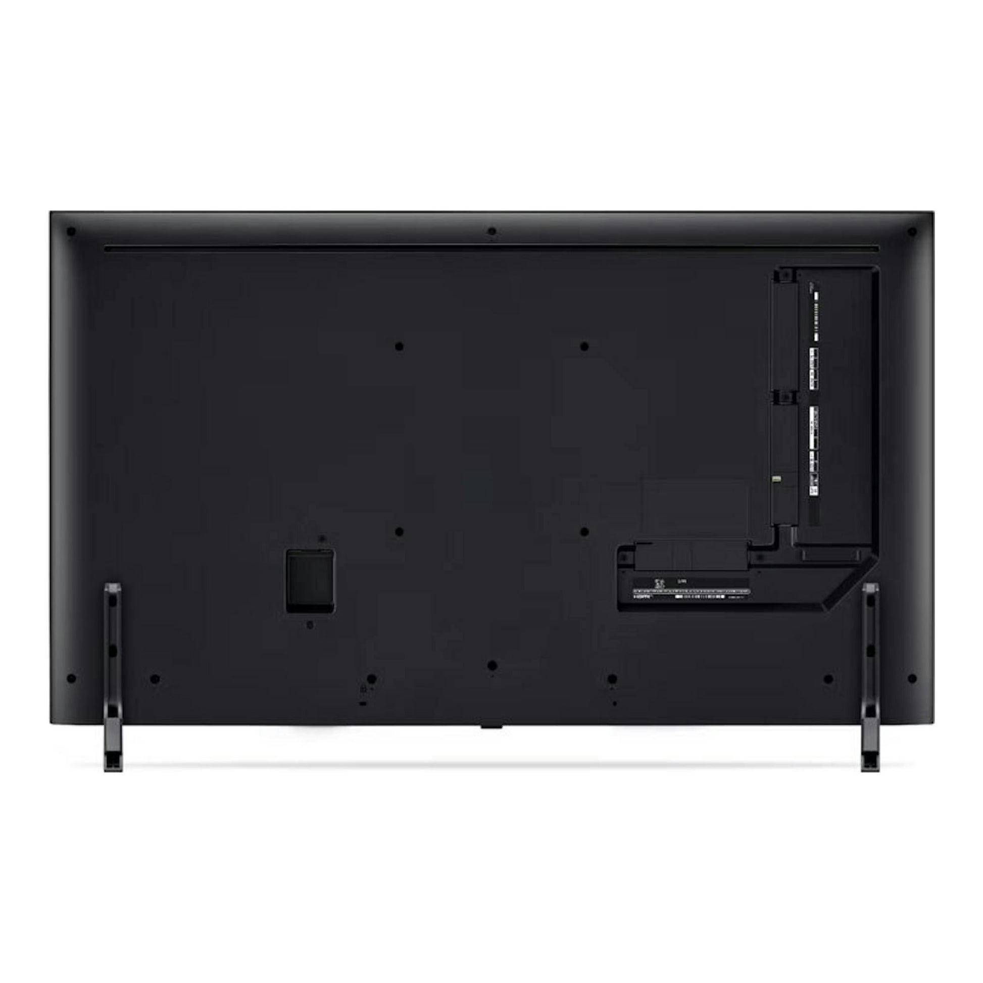 Parte trasera de TV LG 50QNED80T6A.AEU negra, vista posterior con patas de soporte y conexiones laterales.