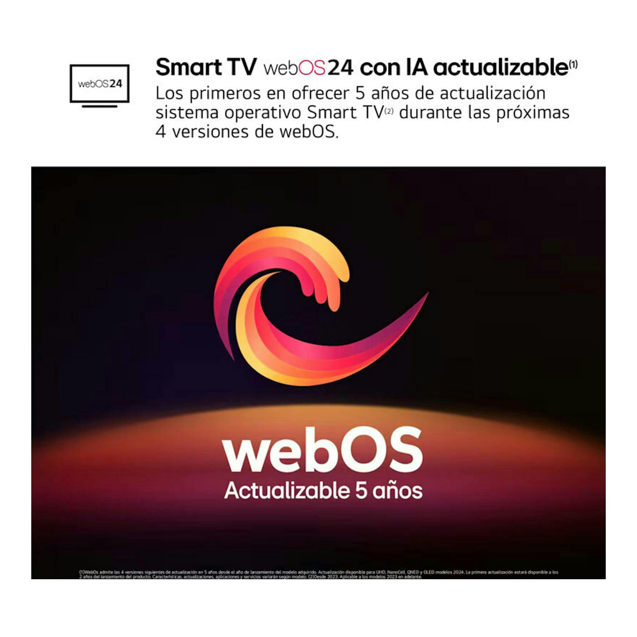 Gráfico promocional de LG 50QNED80T6A.AEU sobre webOS 24, fondo negro con texto blanco y degradado rosa.