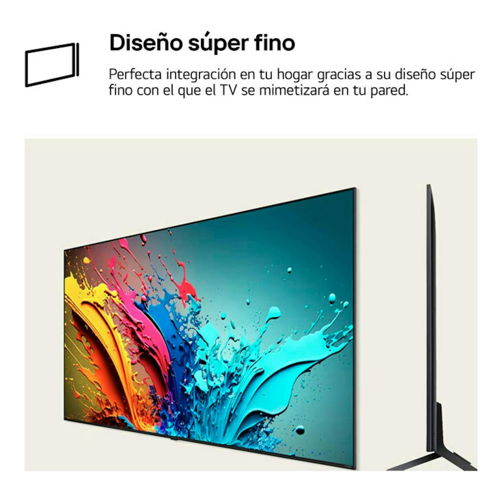 TV LG 50QNED80T6A.AEU, vista frontal y lateral en negro, con pantalla mostrando una imagen abstracta de colores.