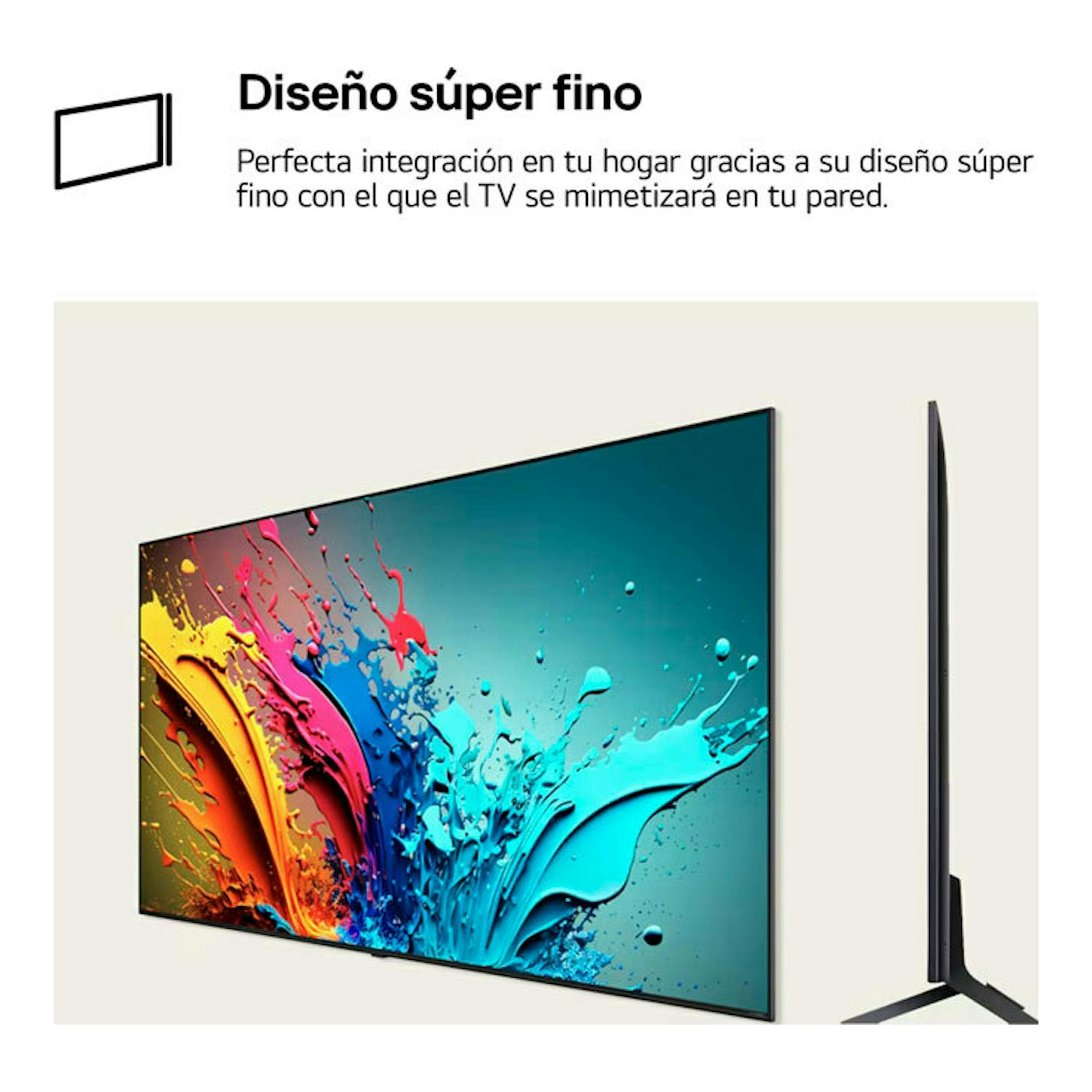 TV LG 50QNED80T6A.AEU, vista frontal y lateral en negro, con pantalla mostrando una imagen abstracta de colores.