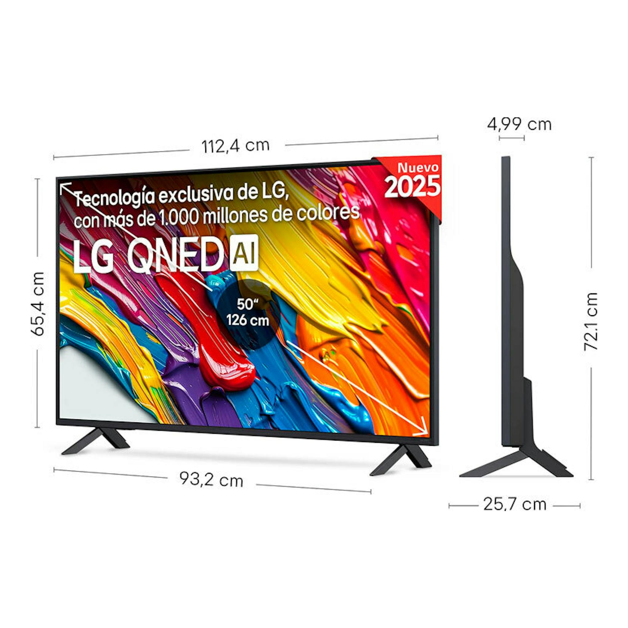 TV LG 50QNED82A6B QNED AI de 50”, vista frontal y lateral, en color negro, con pantalla multicolor.