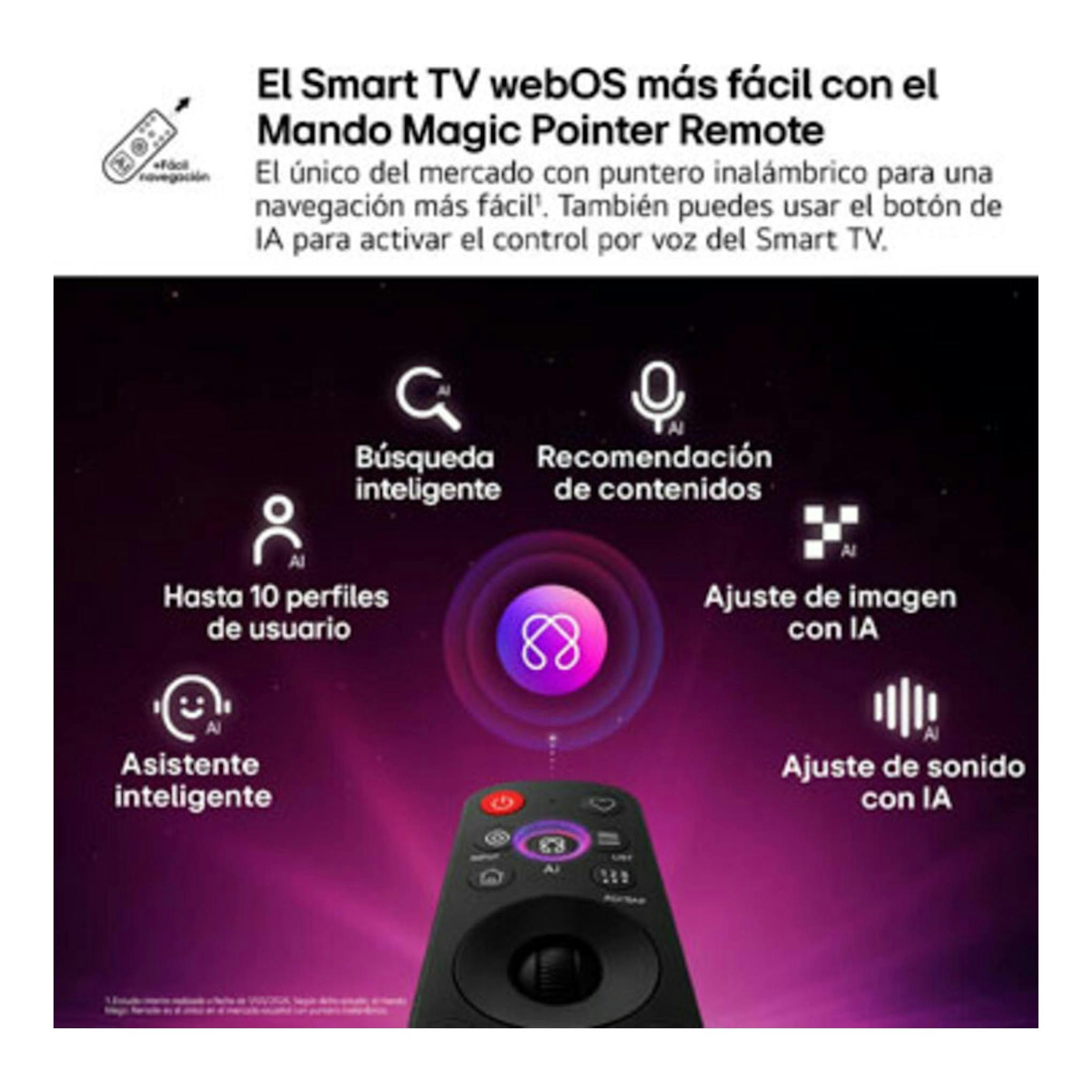 Gráfico promocional de LG webOS con mando Magic Pointer Remote negro y funciones de IA, sobre fondo morado.