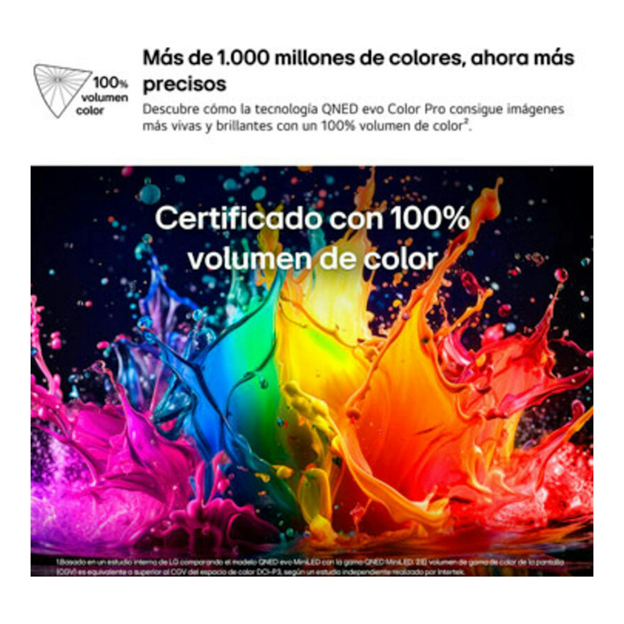 LG 50QNED86B6B: texto sobre 100% volumen de color y salpicaduras multicolor sobre fondo negro.